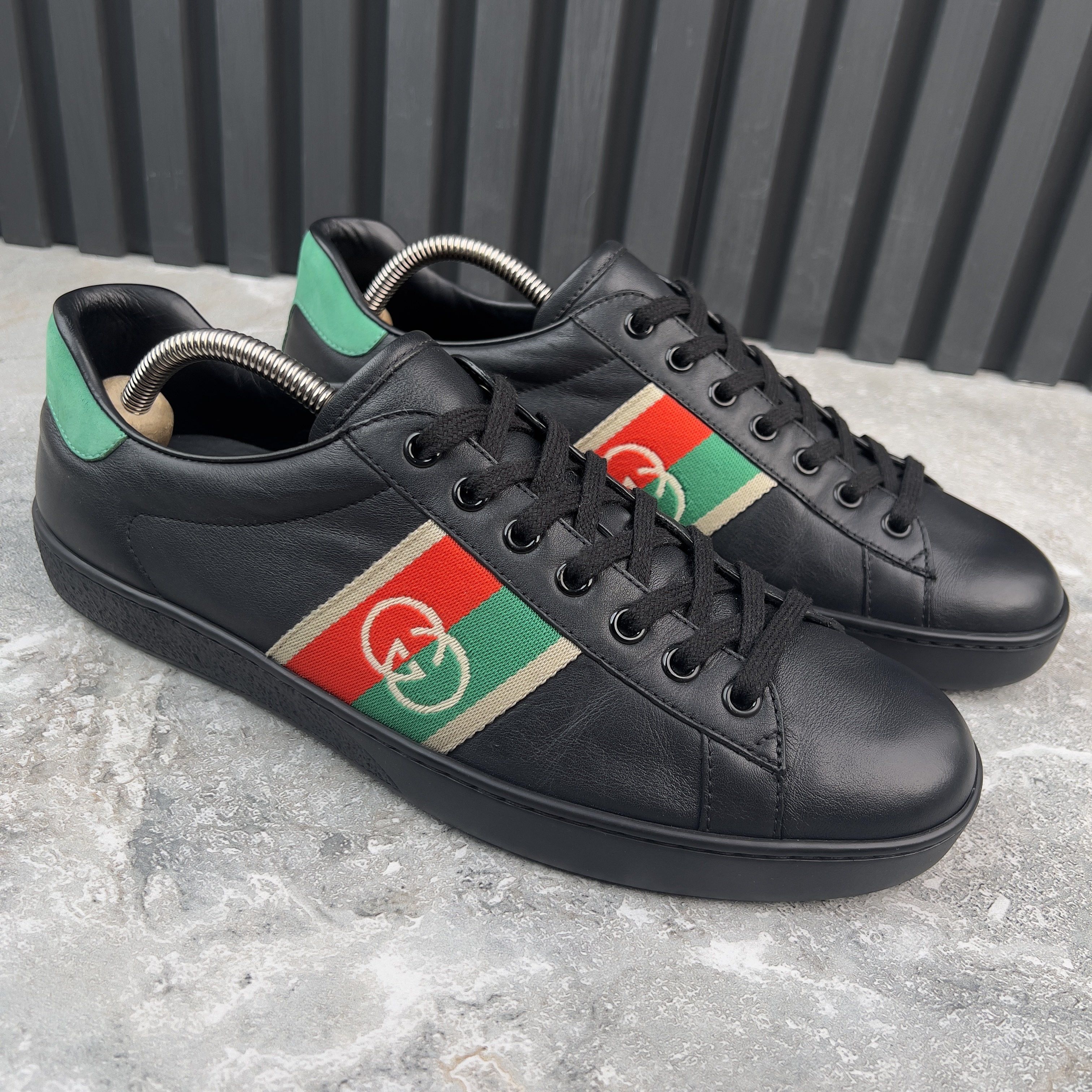 Gucci Ace Web Interlocking GG Logo Sneakers Black Leather Size US 8.5 / EU 41-42 - 5 Thumbnail