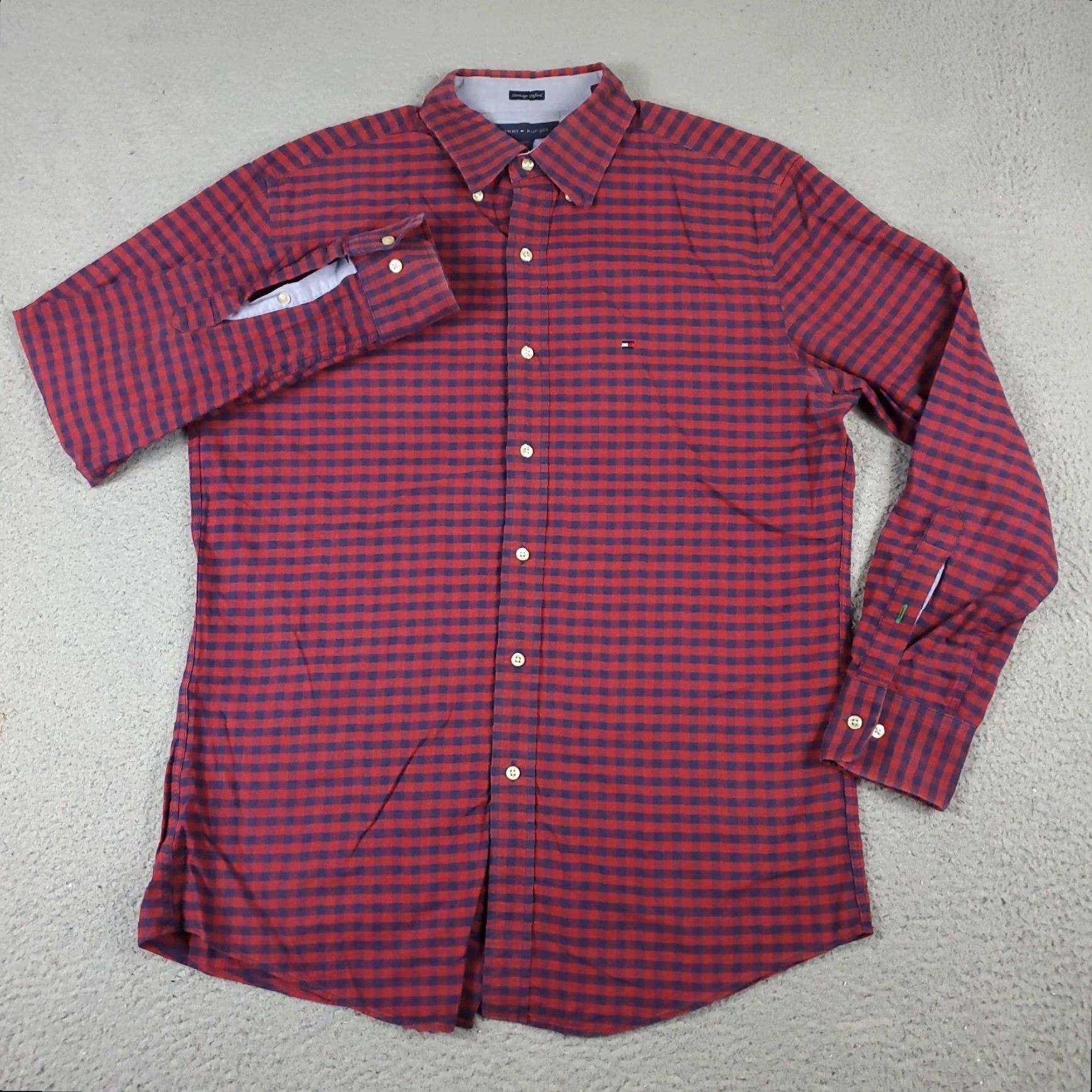 Tommy Hilfiger VINTAGE Tommy Hilfiger Shirt Mens 15.5 Blue Red Check Dress Button Up Long Sleeve Size 40R - 3 Thumbnail