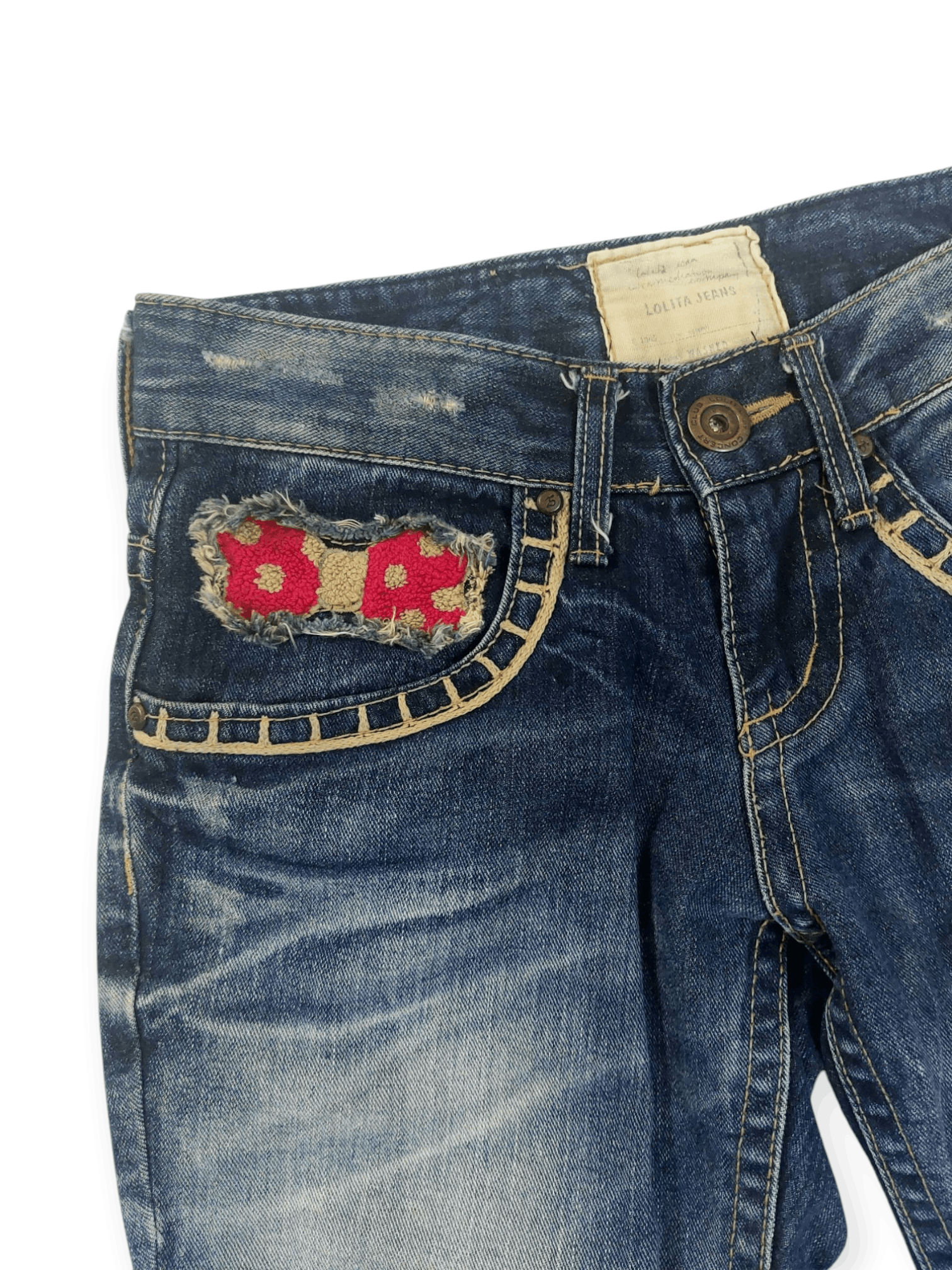 Vintage Lolita Jeans Embroidered Ribbon Mushroom Denim Size 29" - 7 Thumbnail