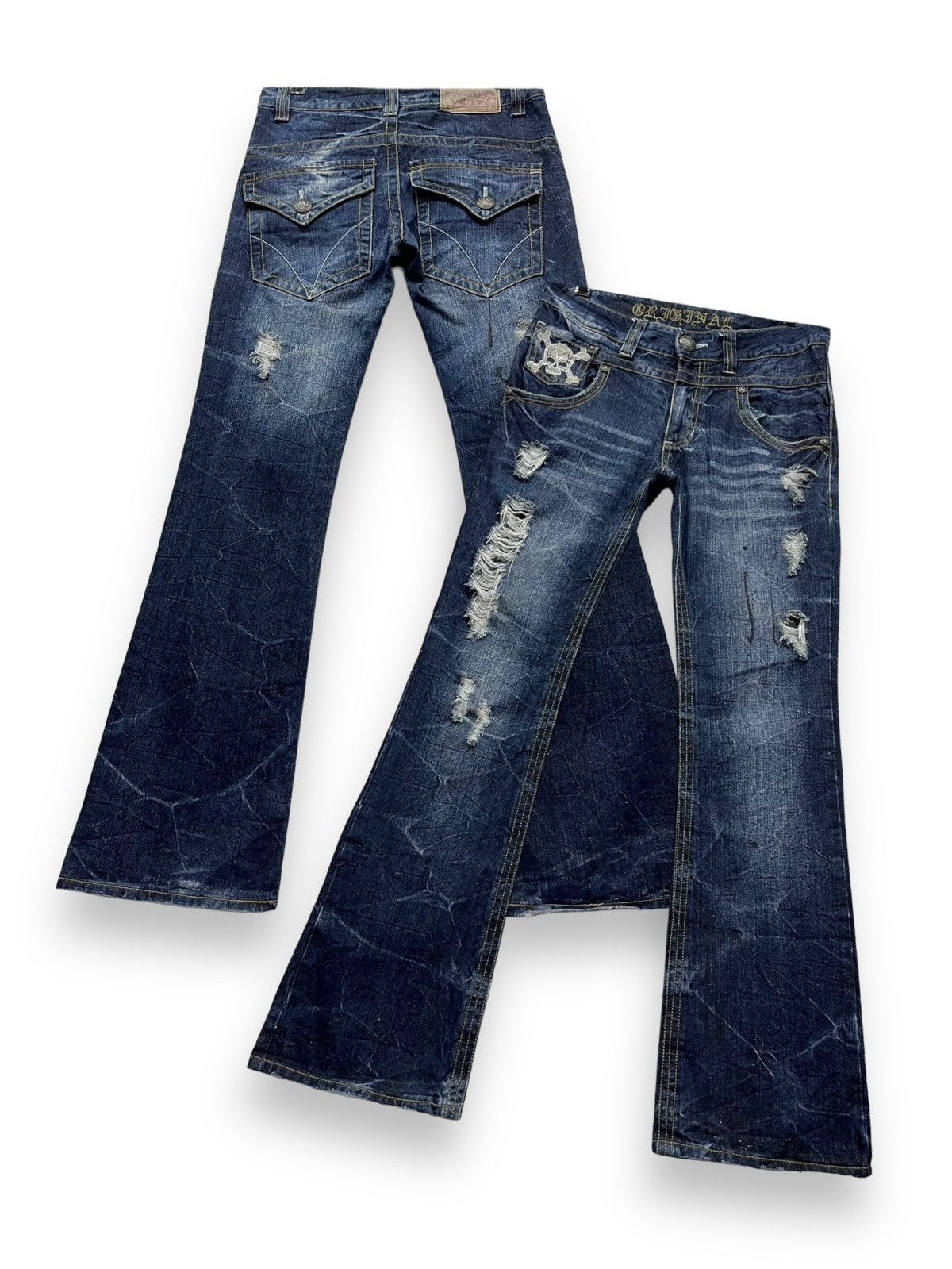 FYE FLARE🔥Skull Embroidery Distressed Ripped Denim Pants