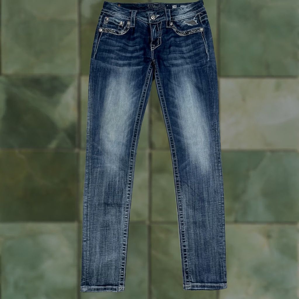 Miss Me Miss Me Jeans 29 Blue Signature Skinny Low Rise Distressed Rhinestone Jeans Size 29" - 1 Thumbnail