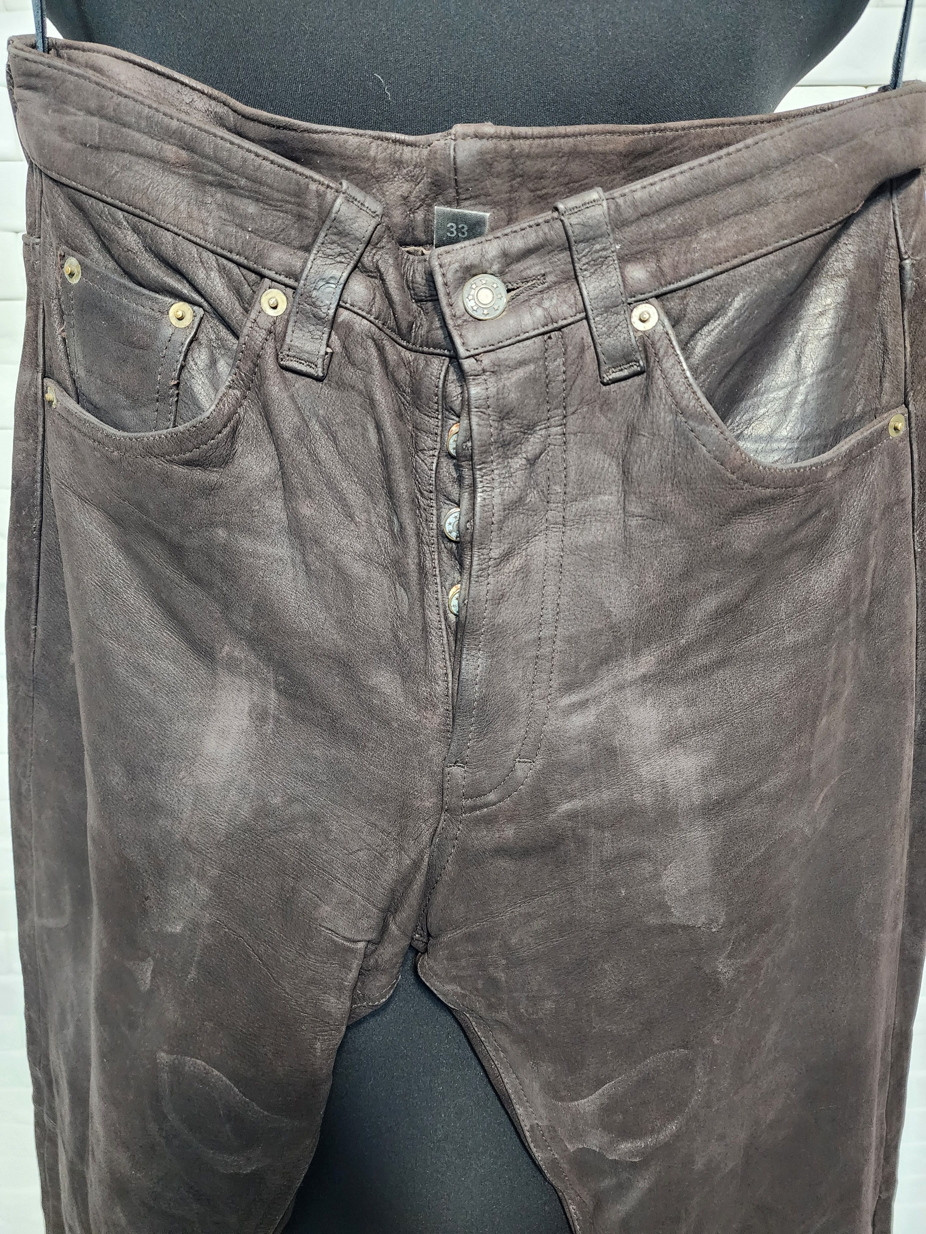 Genuine Leather Men's Brown Nubuck Leather Pants: Denim Cut, Size US 33 - 10 Thumbnail