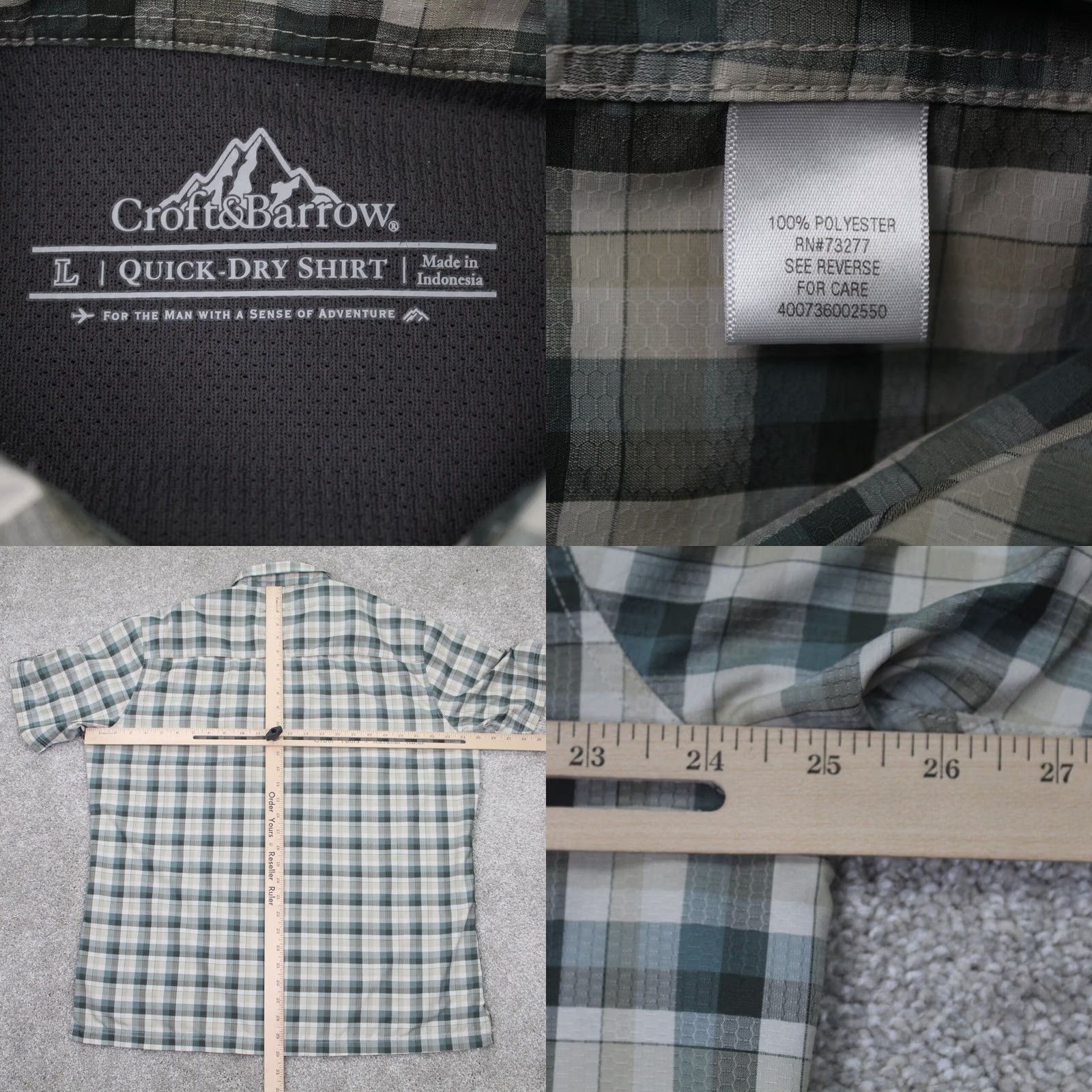 Croft & Barrow Croft & Barrow Quick Dry Shirt Mens Large Green/Gray Plaid Poly S/S Button Up Size US L / EU 52-54 / 3 - 8 Thumbnail