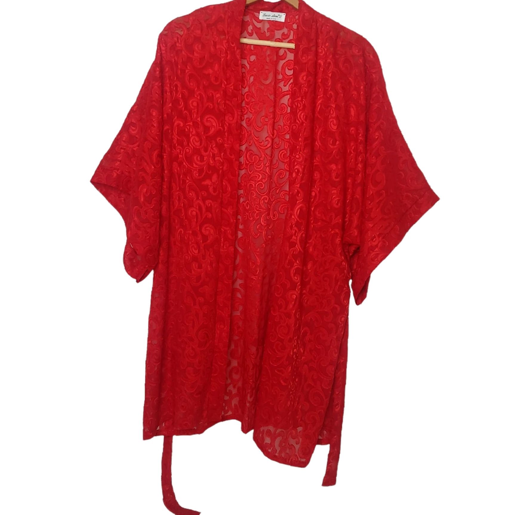 Vintage VINTAGE Lucie Ann II Womens L Kimono Robe Red Sheer Belted Eveningwear USA 1980s Mens/Womens Size ONE SIZE - 3 Thumbnail