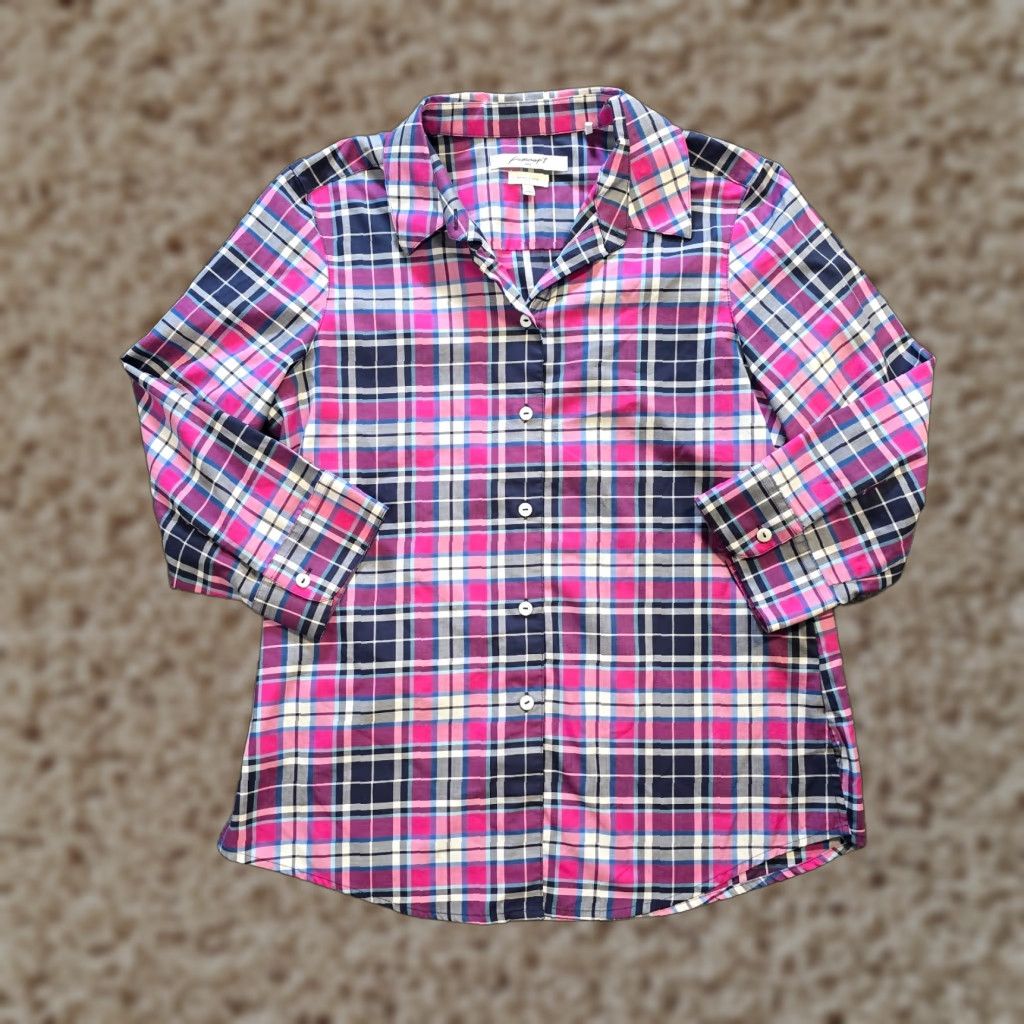 Vintage Foxcroft Top Pink Plaid Button Long Sleeve Wrinkle Free 8 Womens Blouse Casual Career Home Office Shirt Size M / US 6-8 / IT 42-44 - 1 Thumbnail