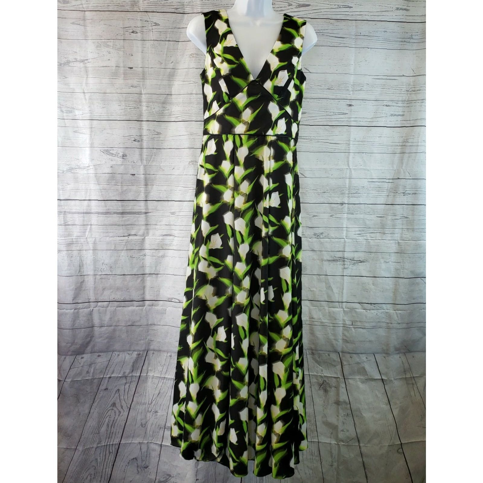 Vintage ZAC Zac Posen Womens Dress Sz 6 Green Black Floral Lilly Print V-Neck Sleeveless Size M / US 6-8 / IT 42-44 - 2 Thumbnail