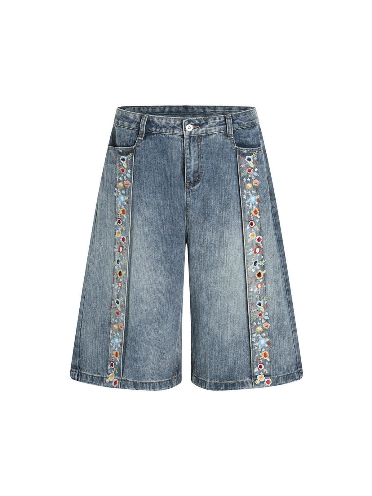 Japanese Brand Embroidered Floral Culottes Denim Jorts Size US 30 / EU 46 - 1 Thumbnail