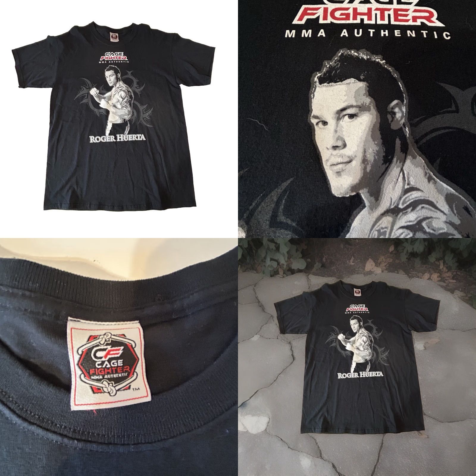 Vintage MMA ShirtMens Black Roger Huerta Short Sleeve Crew Neck Graphic Print Authentic Cage Fighter Size US L / EU 52-54 / 3 - 9 Thumbnail