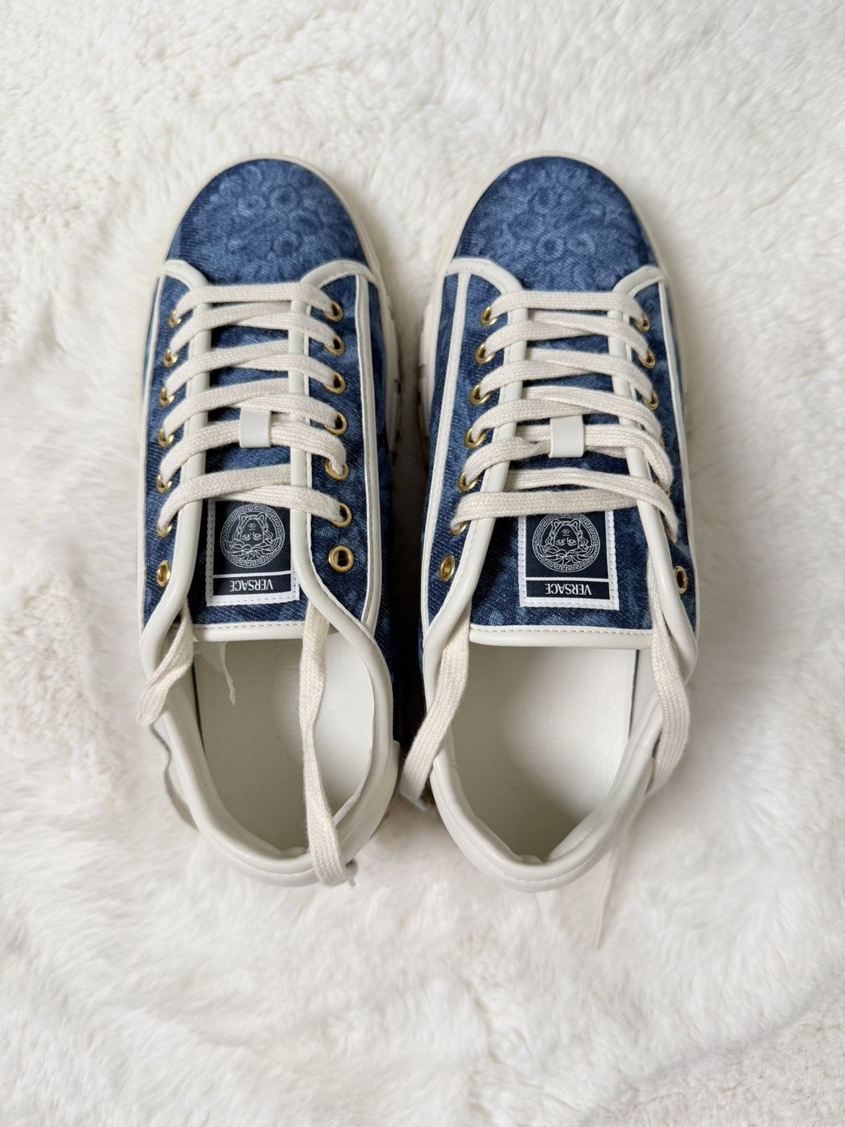 Versace Versace Baroque Denim Greek Key Sneakers – Blue/Off White Size US 7.5 / EU 40-41 - 2 Thumbnail