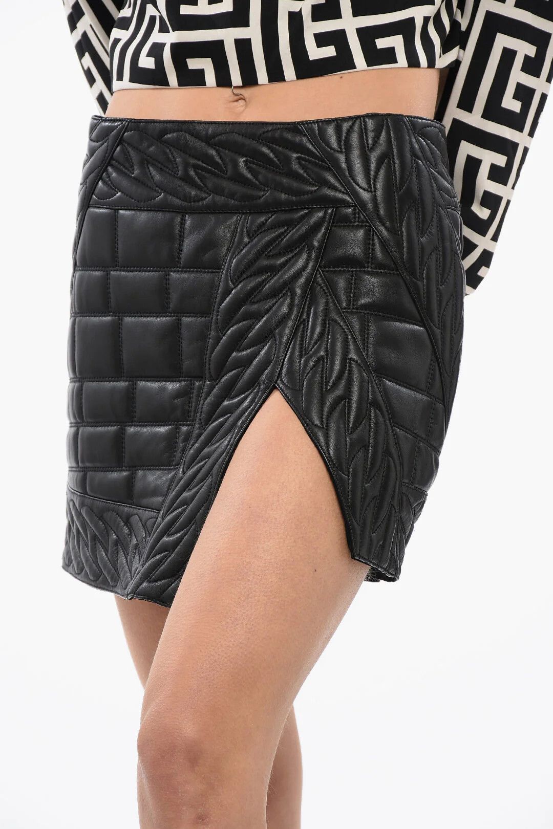 Balmain og1mm0326 Quilted Leather Mini Skirt in Black Size 38" / US 16 / IT 52 - 3 Thumbnail