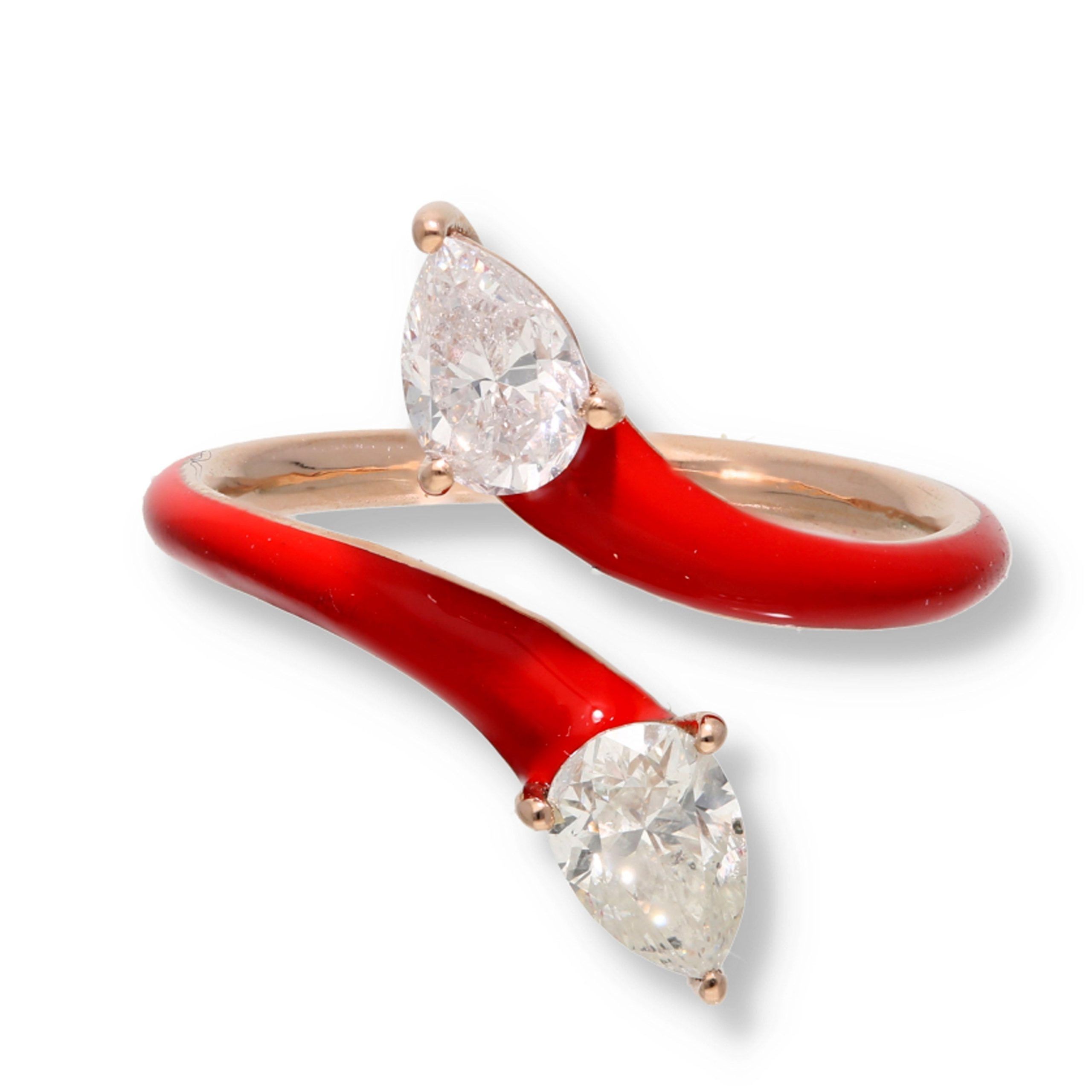 image of Tiffany Co Pear Shape Diamonds Crossover Red Enamel Ring 14K Rose Gold 1.01 Ctw, Women's