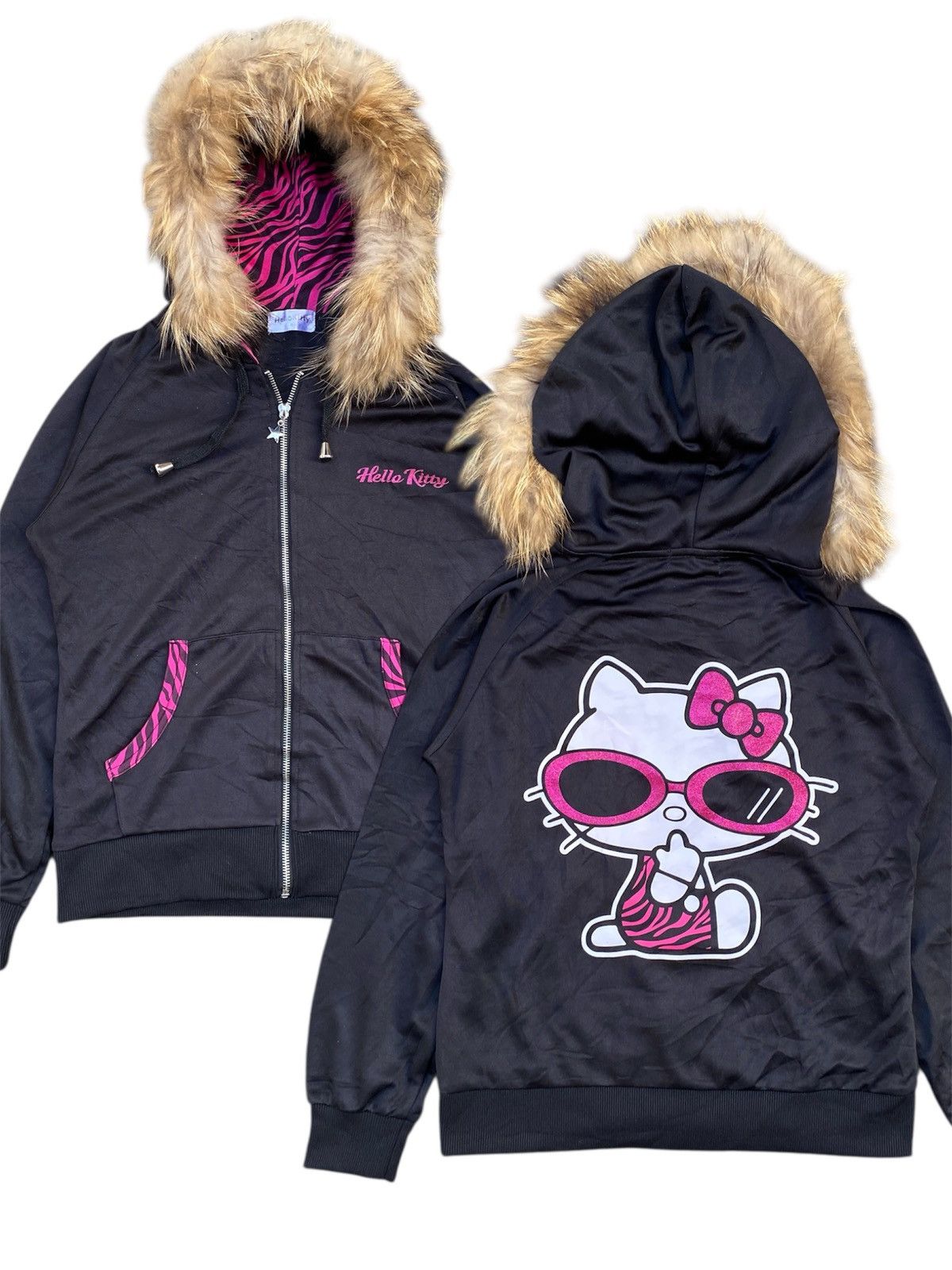 Japanese Hello Kitty Punk Gothic Fur Hoodie