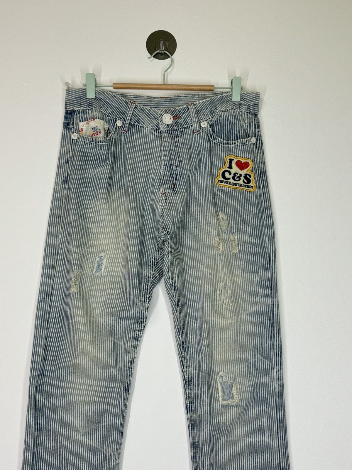 Hysteric Glamour × Japanese Brand Distressed Striped Patches i ❤️ Copper Smith Denim Jeans Size US 31 - 3 Thumbnail