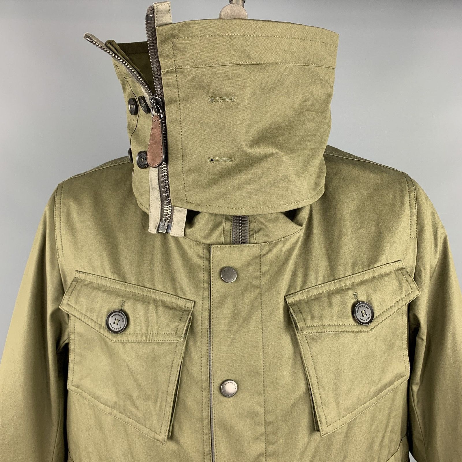 Burberry Prorsum Resort 2013 Size 42 Olive Solid Cotton Zip & Snaps Jacket Size US L / EU 52-54 / 3 - 4 Thumbnail