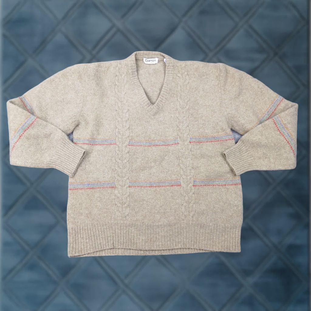 Vintage Damon Womens M Beige Stripe 100% Merino Wool Pullover 3/4 Sleeve V-Neck Sweater Size M / US 6-8 / IT 42-44 - 1 Thumbnail