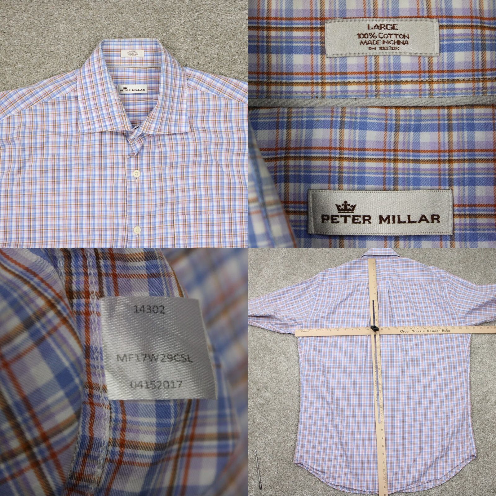 Peter Millar Peter Millar Mens Large Blue/Orange Checkered 100% Cotton Long Sleeve Button-Down Shirt Size US L / EU 52-54 / 3 - 8 Thumbnail