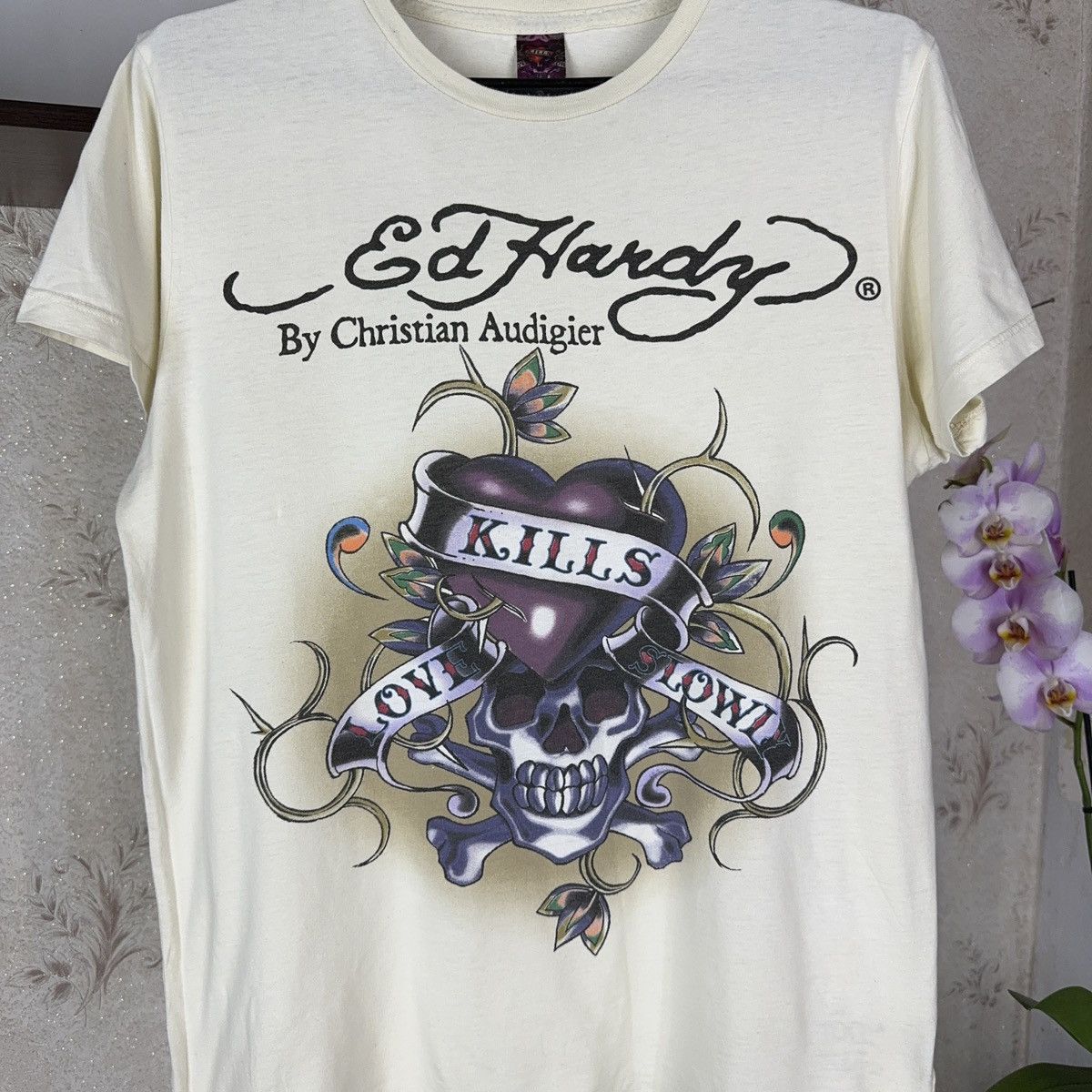 Christian Audigier × Ed Hardy × Vintage Vintage Ed Hardy T shirt by Chirstian Audiger Beige Love Kil Size US M / EU 48-50 / 2 - 10 Thumbnail