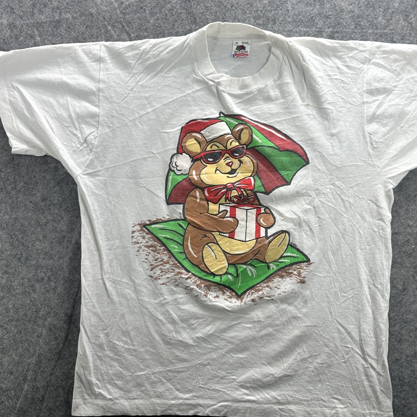 Fruit Of The Loom VINTAGE Christmas Bear Shirt Mens XL White Holiday Graphic Tee Made USA 90s Size US XL / EU 56 / 4 - 2 Thumbnail
