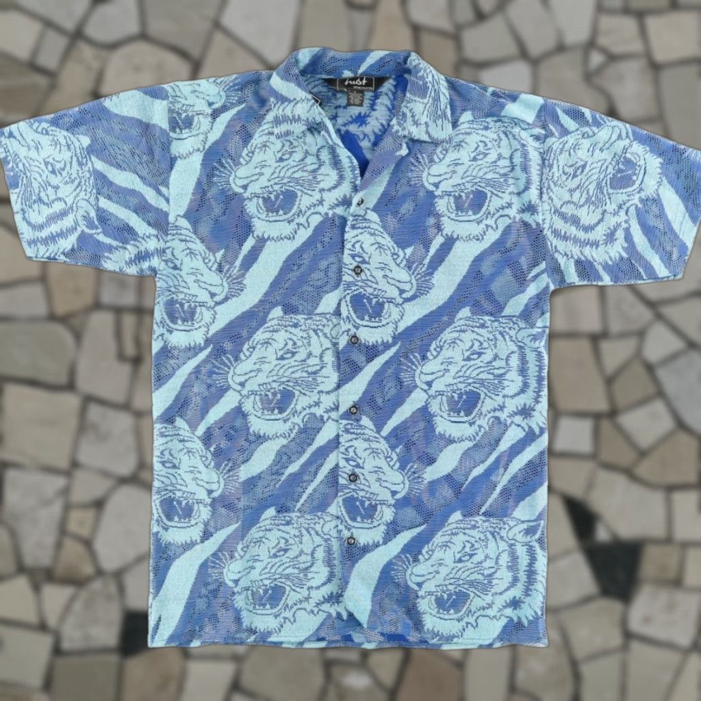 Vintage VINTAGE? Wait—original not vintage. So skip. Title: Trust Couture Tiger Stripe Lace Polyester All Over Print Button Up Shirt Blue Men's L Size US L / EU 52-54 / 3 - 1 Thumbnail