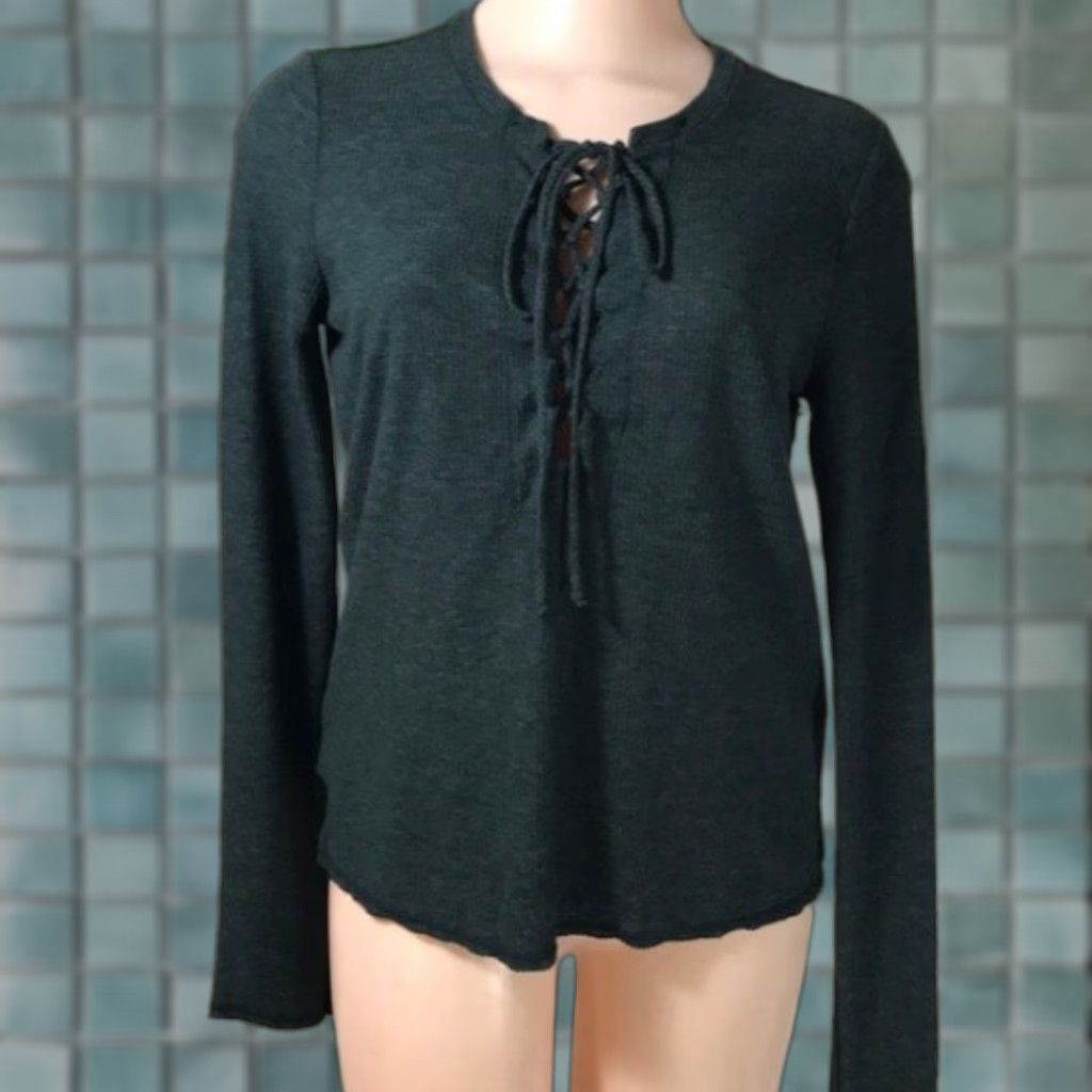 Vintage Chelsea Sky Top Womens XL Green Lace Up Raw Hem Pullover NWT Size XL / US 12-14 / IT 48-50 - 1 Thumbnail
