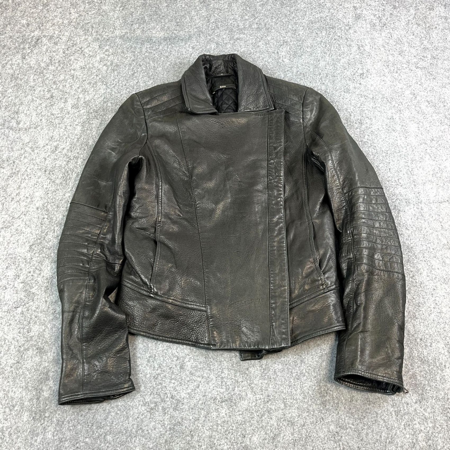 Hugo Boss HUGO BOSS Womens Leather Jacket Short Biker Black 6 Leather Lamb Regular Zip Pockets Vintage No Size M / US 6-8 / IT 42-44 - 2 Thumbnail