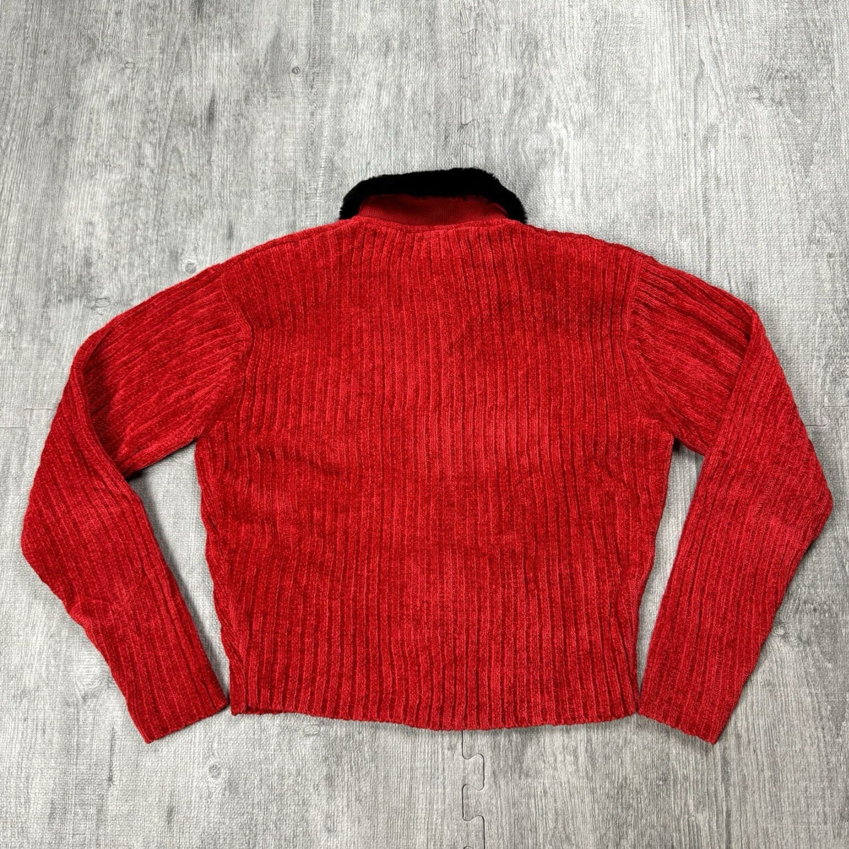 Velour VINTAGE Nils Y2K 90s Velour Fleece Short Crop Jacket Womens Medium Red Faux Fur Collar Size M / US 6-8 / IT 42-44 - 6 Thumbnail