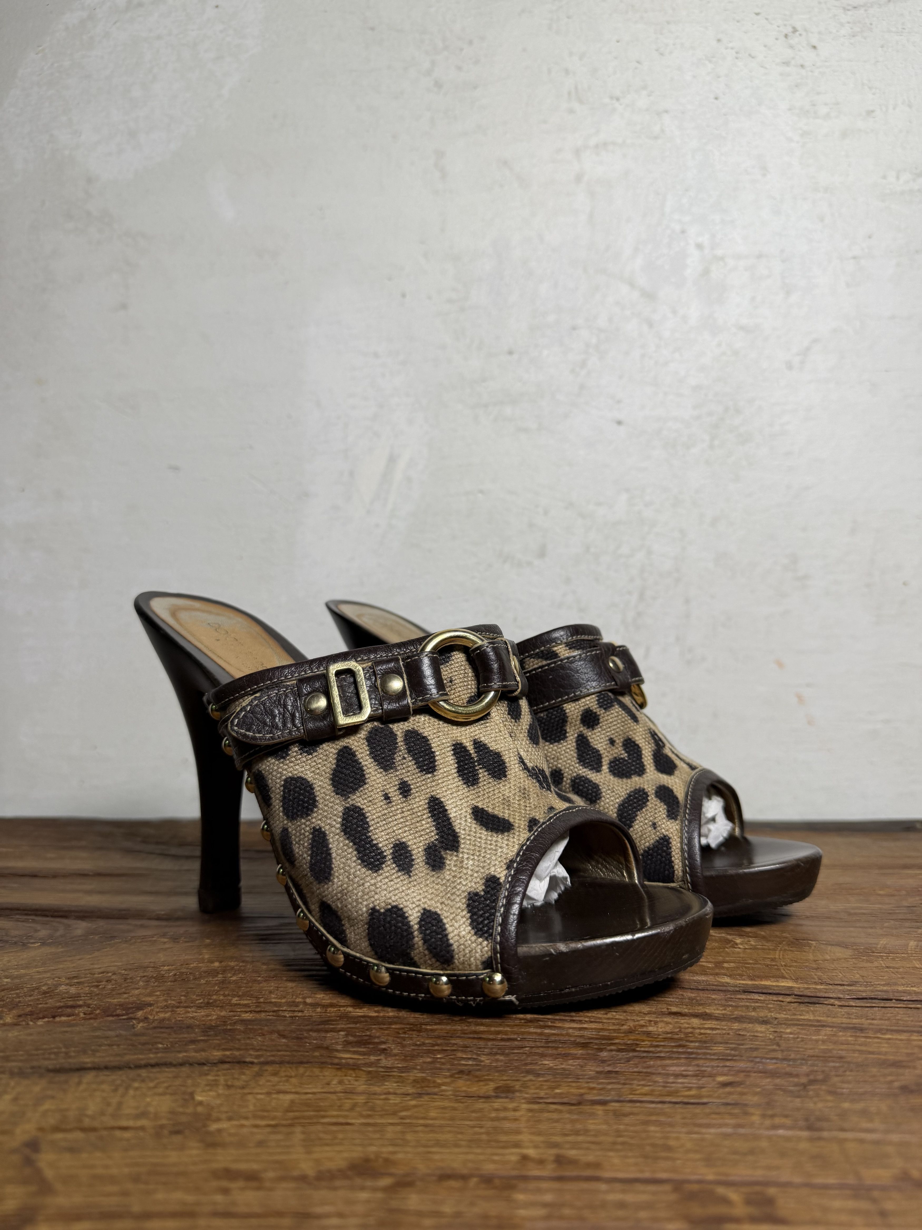 Dolce & Gabbana DOLCE & GABBANA Brown & Beige Canvas Leather Clog Sandals Size US 9 / IT 39 - 3 Thumbnail