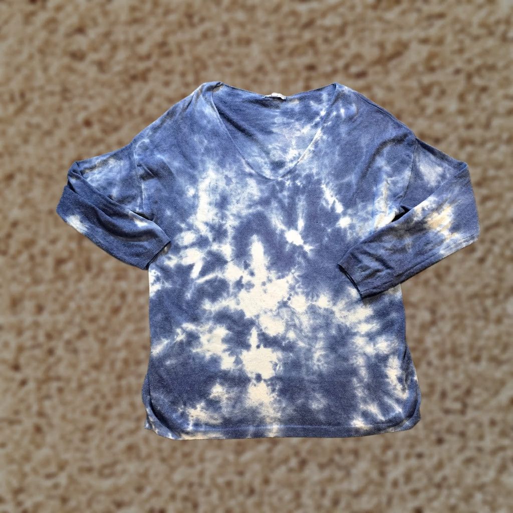 Vintage Tempo Paris Sweater Womens Large Blue Tie Dye Long Sleeve V Neck Casual Pullover Knit Top Size L / US 10 / IT 46 - 1 Thumbnail