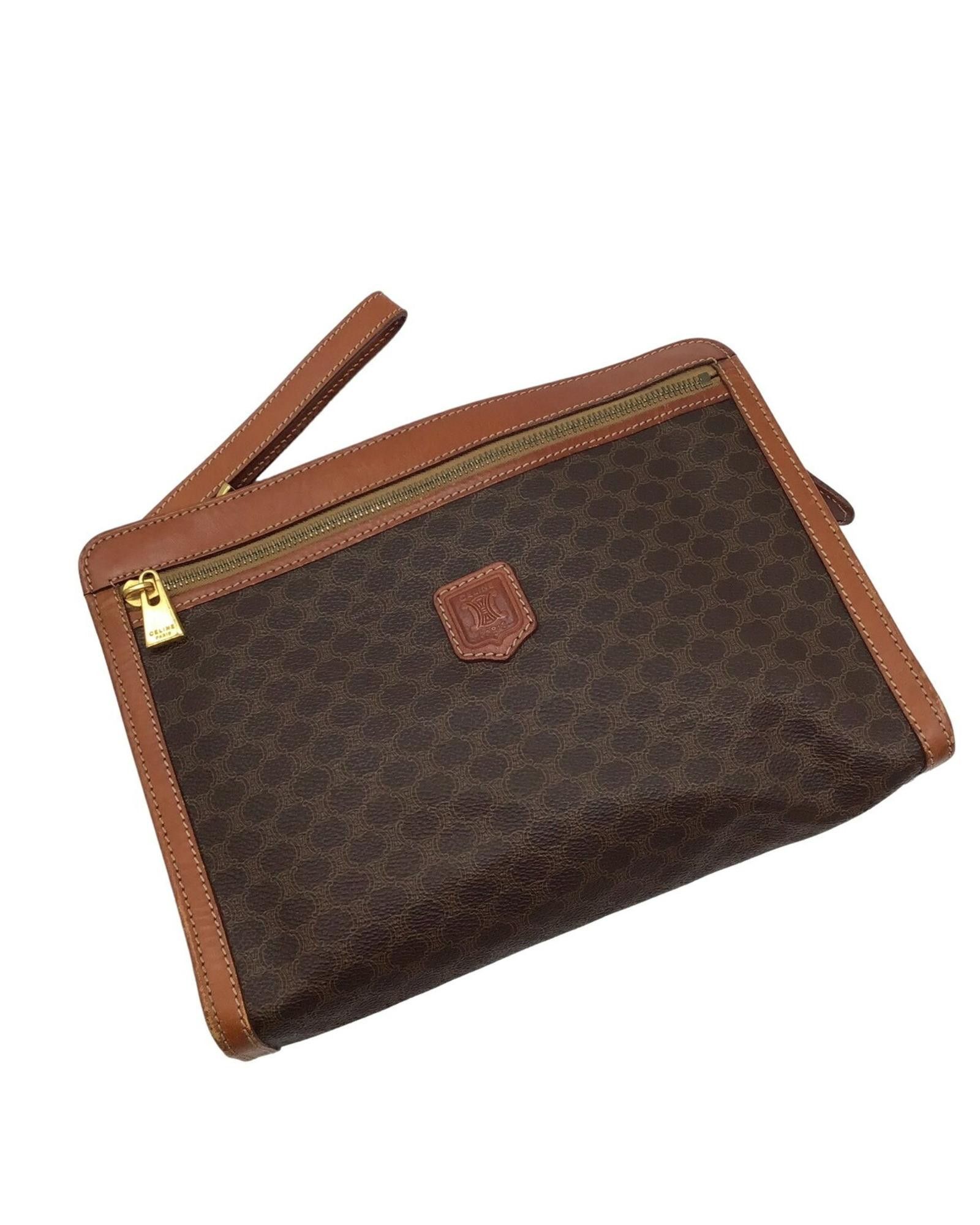 image of Celine Sophisticated Brown Canvas Clutch Bag, Women's