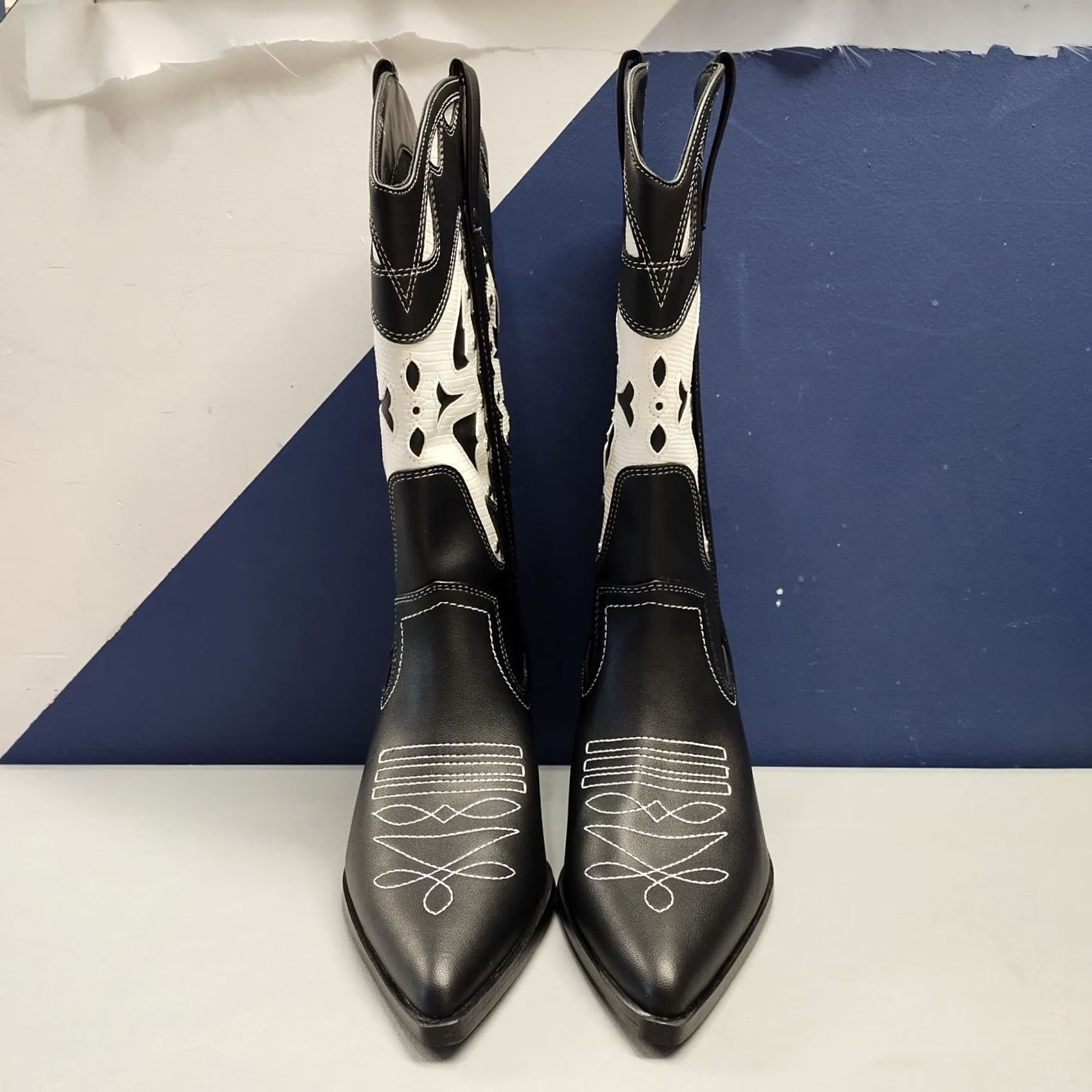 Vintage Madden Girl Saloonn Western Boots Womens US 9M Black White Pointed Toe Pull On NWOB Size 9 Womens Boots Size US 9 / IT 39 - 2 Thumbnail