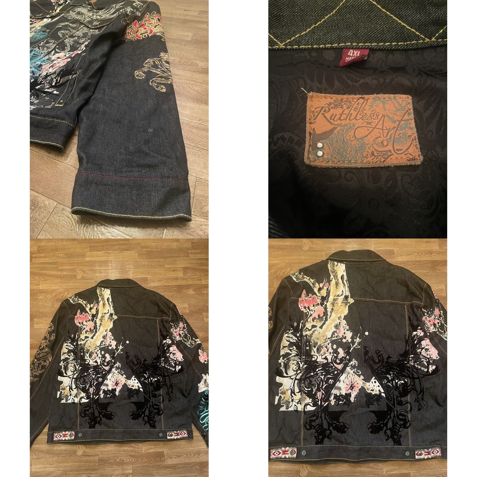 Denime VINTAGE Ruthless Art Denim Jacket Mens 4XL Black Art PrintButton Up Long Sleeve Jacket Size US XXL / EU 58 / 5 - 8 Thumbnail