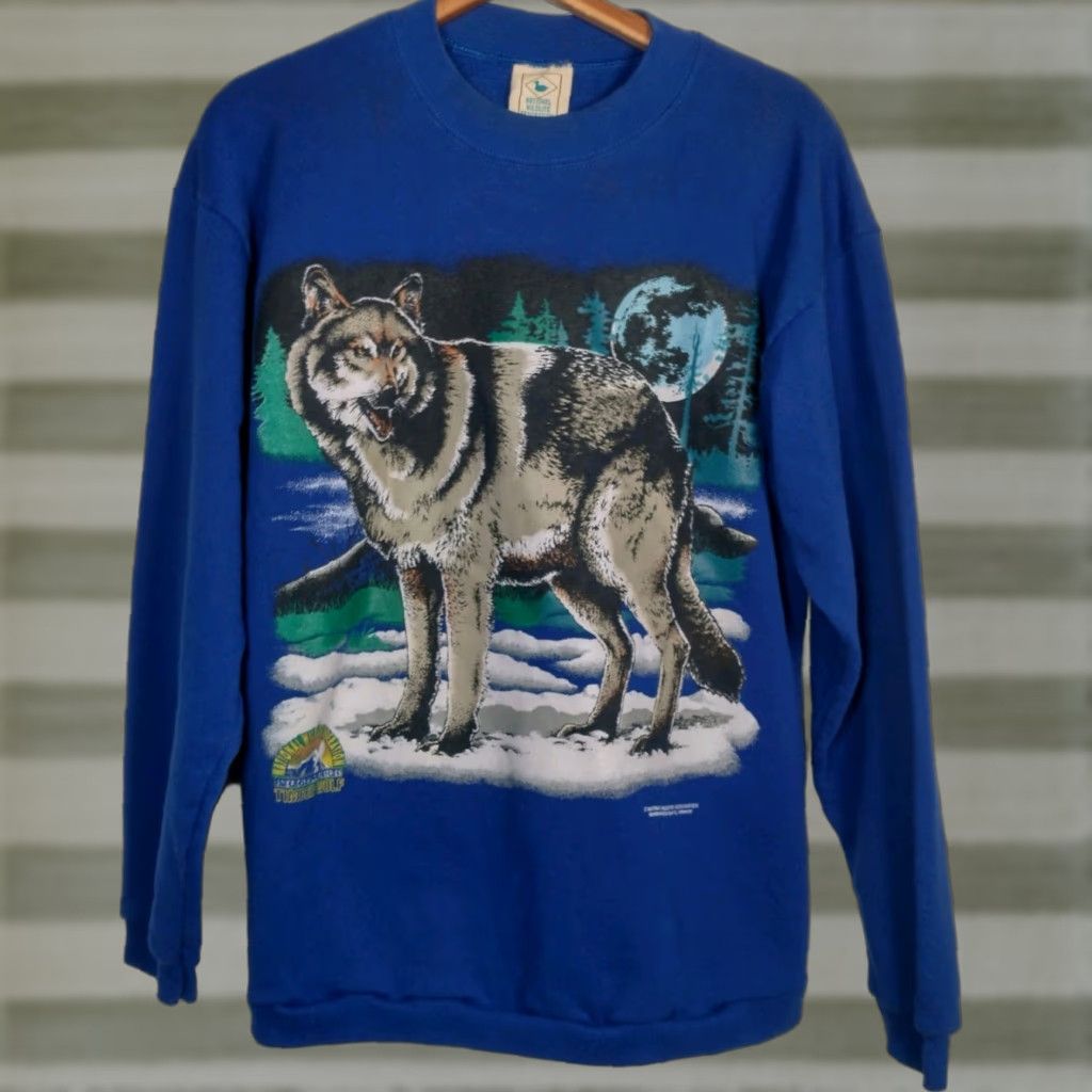 Vintage VINTAGE National Wildlife Federation Sweatshirt Timber Wolf Crew Neck L Men Blue Cotton Blend Knit Pullover Graphic USA Made Size US L / EU 52-54 / 3 - 1 Thumbnail