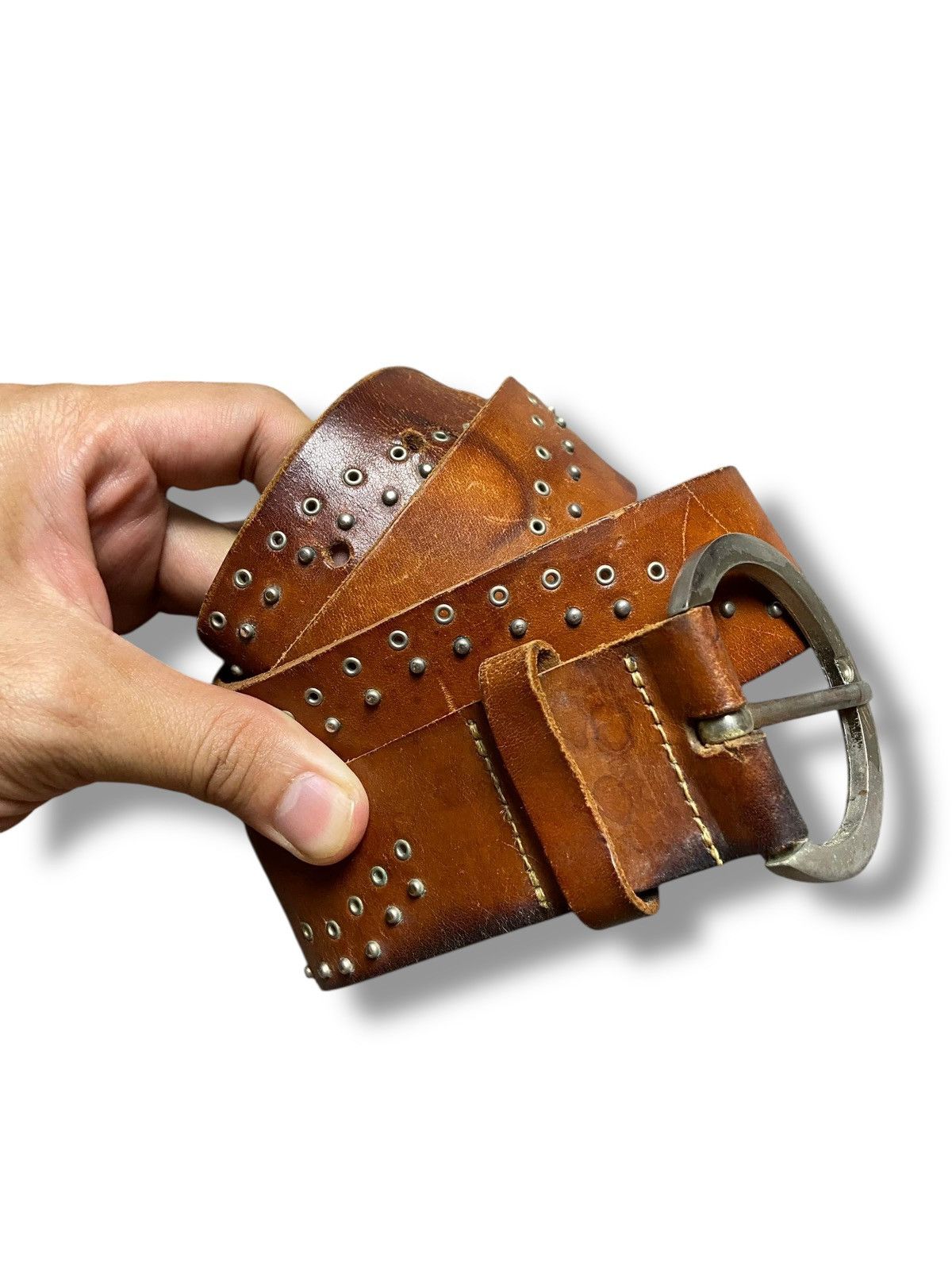 Japanese Brand Brown Metal Studded Leather Belt (142) Size 38 - 1 Thumbnail