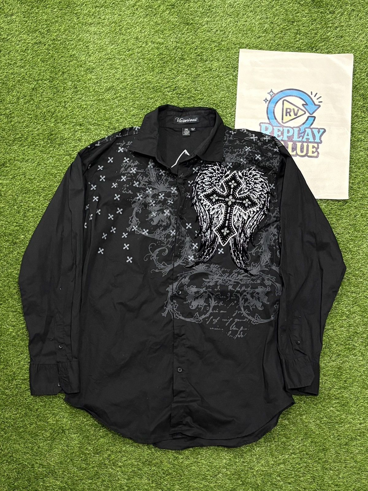Vintage Y2K VICTORIOUS CROSS CHROME HEARTS STYLE BUTTON UP SHIRT Size US XXL / EU 58 / 5 - 2 Thumbnail
