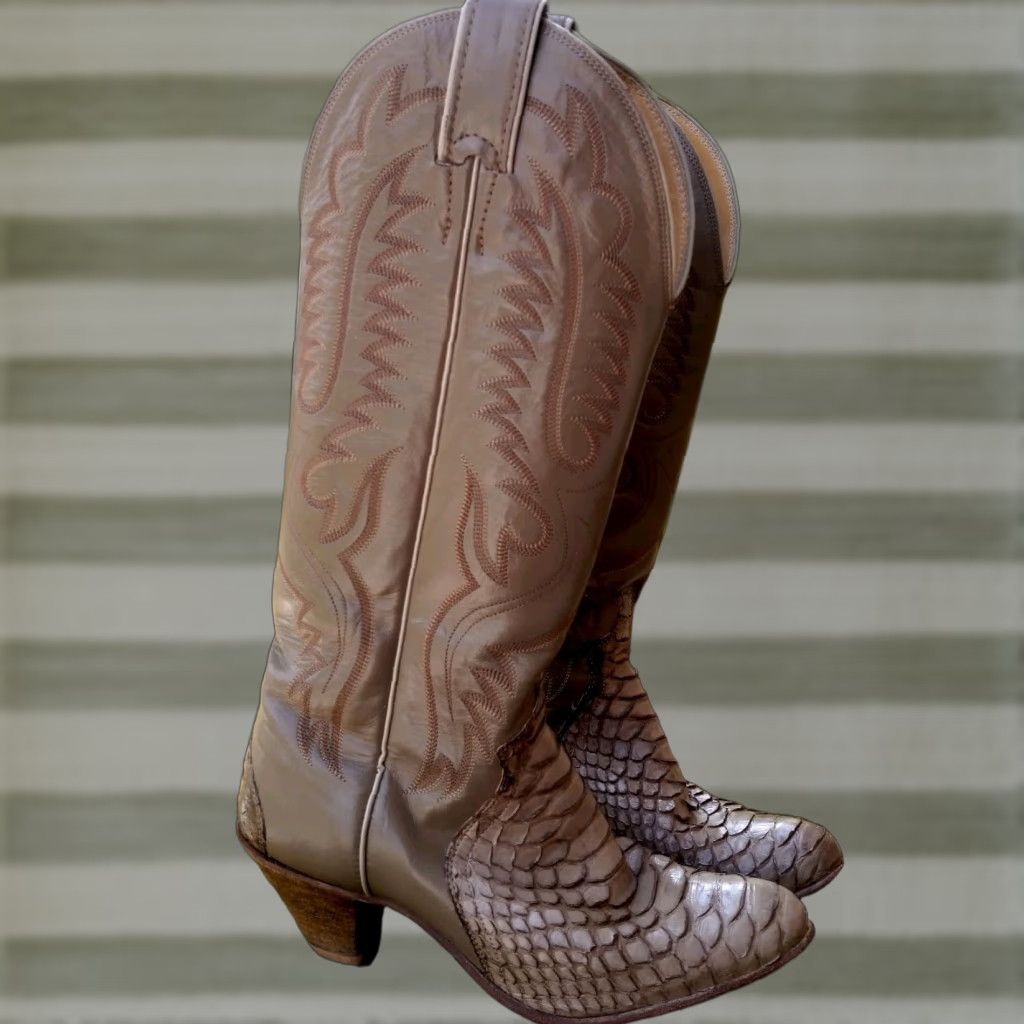 Justin Boots Justin Snakeskin Leather Cowboy Boots 6 1/2 B Brown Taupe Western L4441 USA 16" Boots Women Cowboy Western Snakeskin Handcrafted Leather Size US 7 / IT 37 - 1 Thumbnail