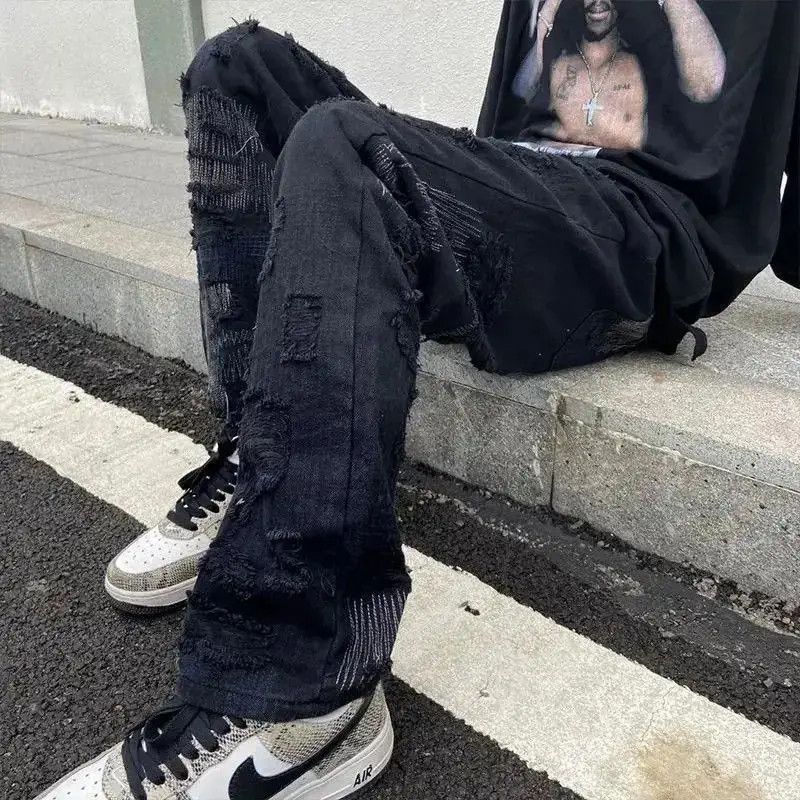 Japanese Brand Embroidered patch hole straight jeans stitching jogging pant Size US 32 / EU 48 - 4 Thumbnail