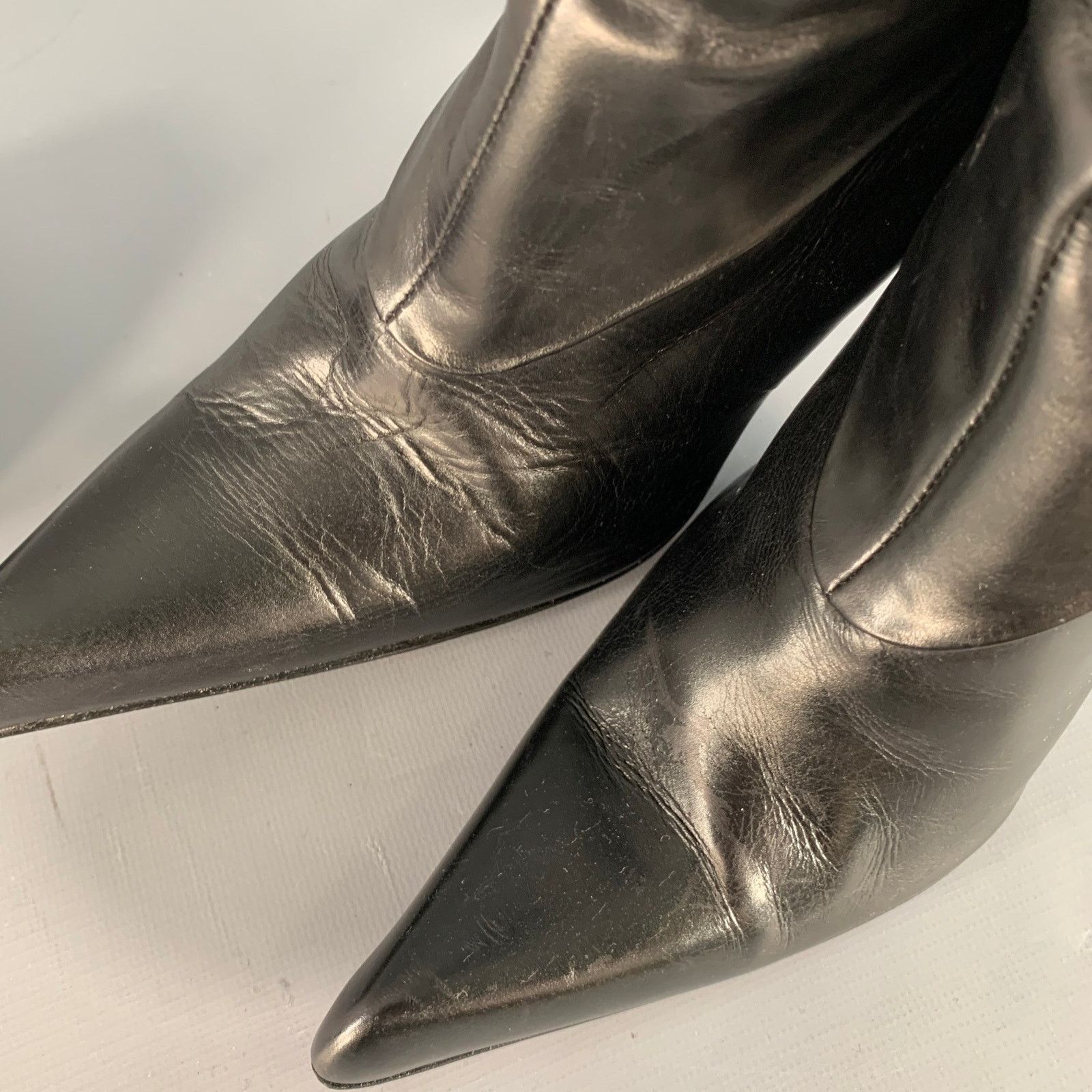 Les Copains 7 Black Silver Leather Back Zipper Calf High Stiletto Boots Size US 7 / IT 37 - 8 Thumbnail