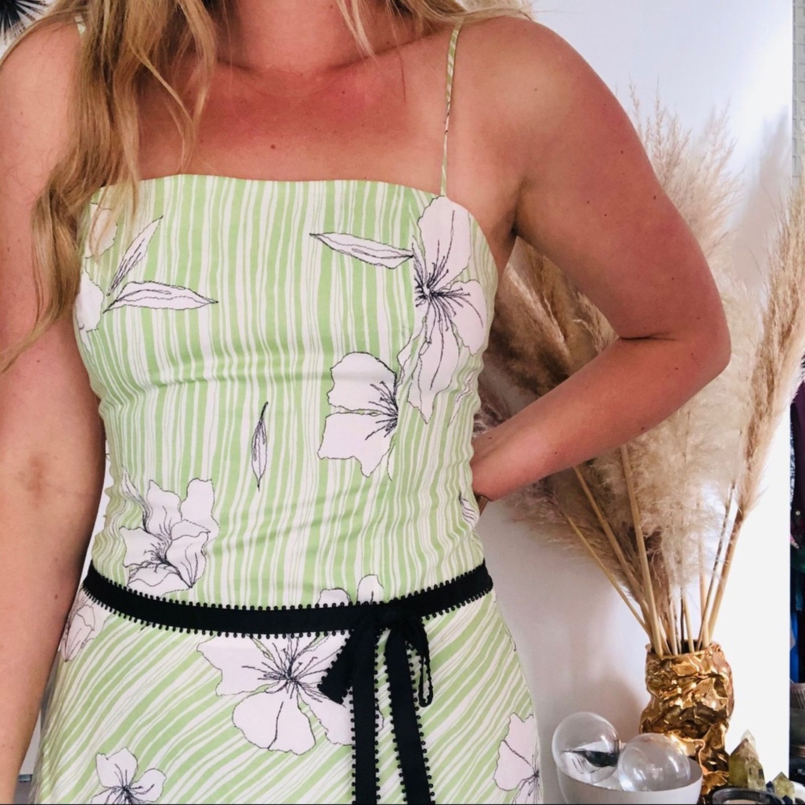 Vintage VINTAGE WANG Green White Striped Floral Tank Black Dress Size M / US 6-8 / IT 42-44 - 4 Thumbnail