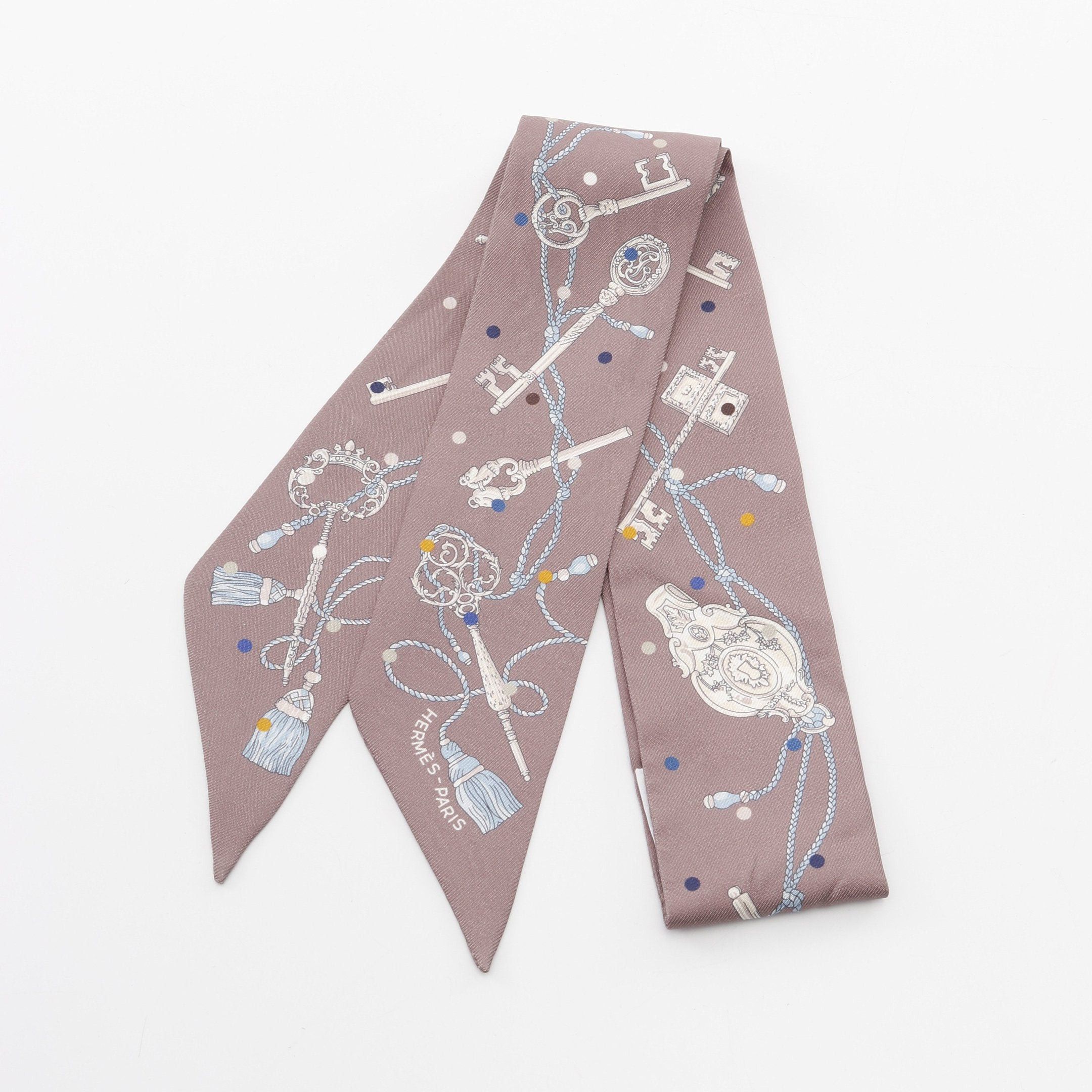 Hermes Twilly Les Cles A Pois Ribbon Scarf Silk Gray Brown Multicolor