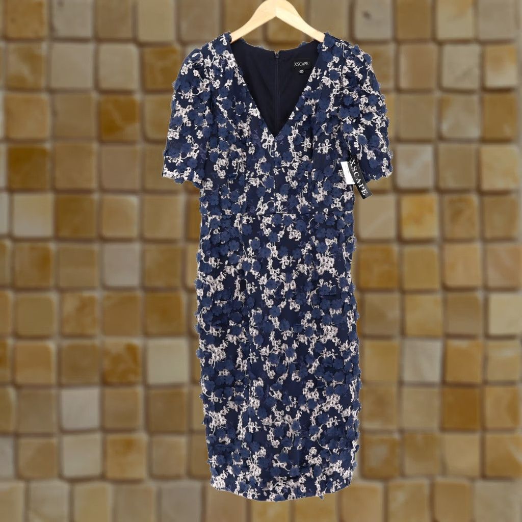 Vintage Xscape Dress Women's Midi Sheath Embroidered Floral V-Neck Blue 10 NEW Party Cocktail Size L / US 10 / IT 46 - 1 Thumbnail