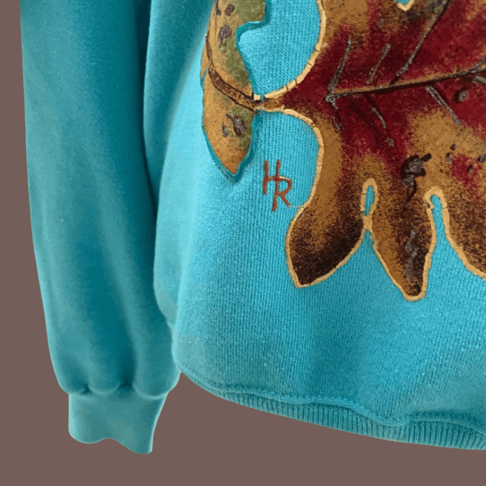 Hanes VTG Sweatshirt | Hanes Aqua Blue Leaf Print | 90s Handmade Size US M / EU 48-50 / 2 - 5 Thumbnail