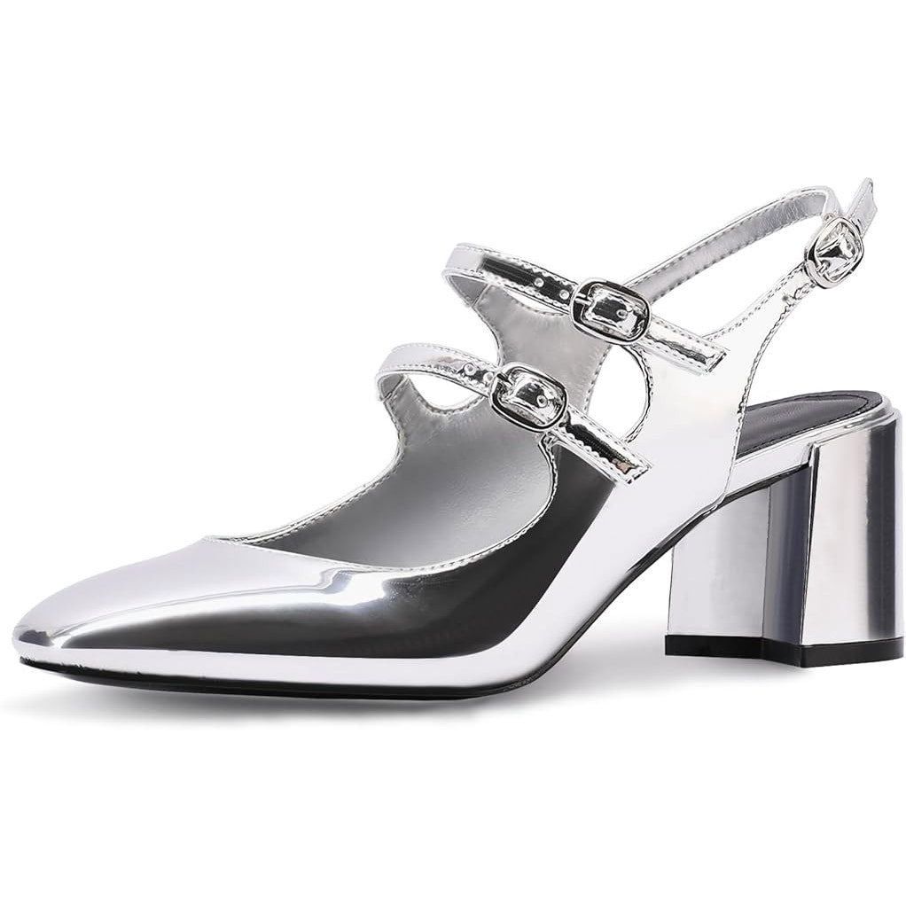 Other Adrizzlein Women's 7.5 Silver Mary Jane Block Heel Shoes Size ONE SIZE - 1 Thumbnail