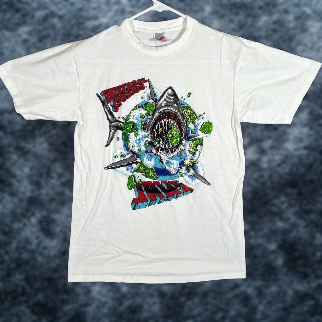 Jerzees VINTAGE JERZEES Jaws T Shirt - Adult Mens Medium White Cotton Crew Neck Short Sleeve USA Made Graphic 1993 Merch Mens Size US M / EU 48-50 / 2 - 1 Thumbnail