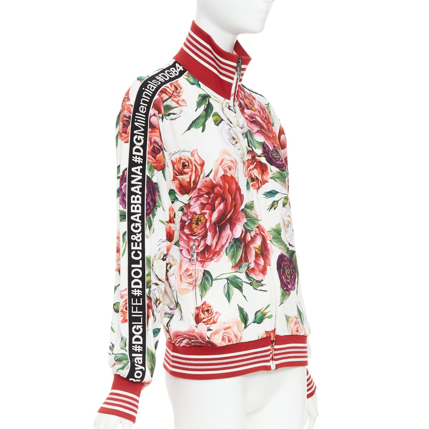 Dolce & Gabbana DOLCE GABBANA red rose floral print striped silk trim track bomber jacket IT36 XXS Size XS / US 0-2 / IT 36-38 - 1 Thumbnail