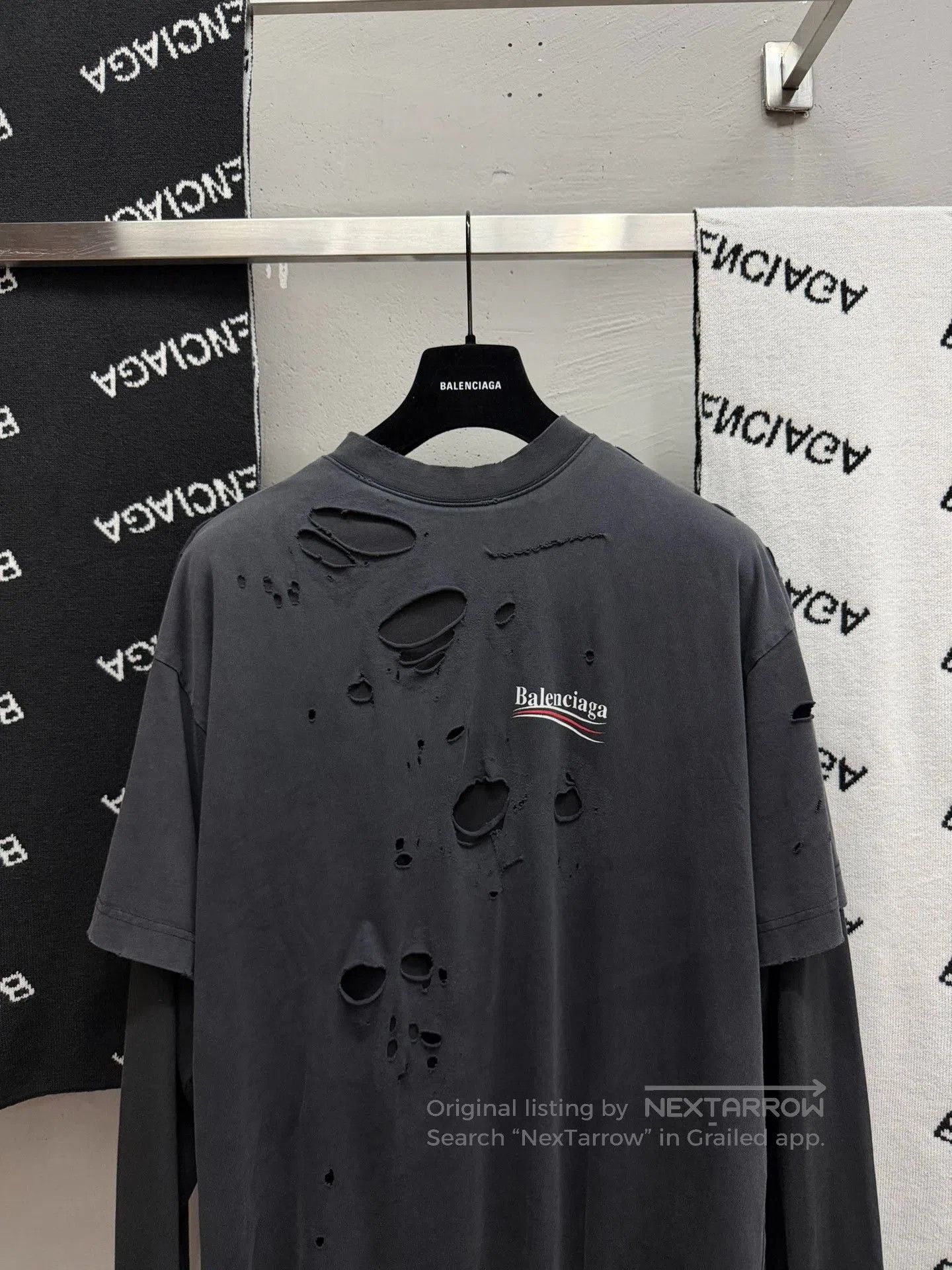 Saint Laurent Paris Balenciaga Distressed Logo Long-Sleeve T-Shirt. Size US M / EU 48-50 / 2 - 2 Thumbnail