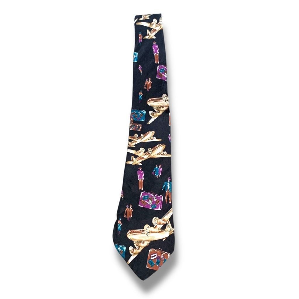 Vintage Vintage 90s Tie Italian Silk Classic Travel Theme Airplane L Size ONE SIZE - 2 Thumbnail