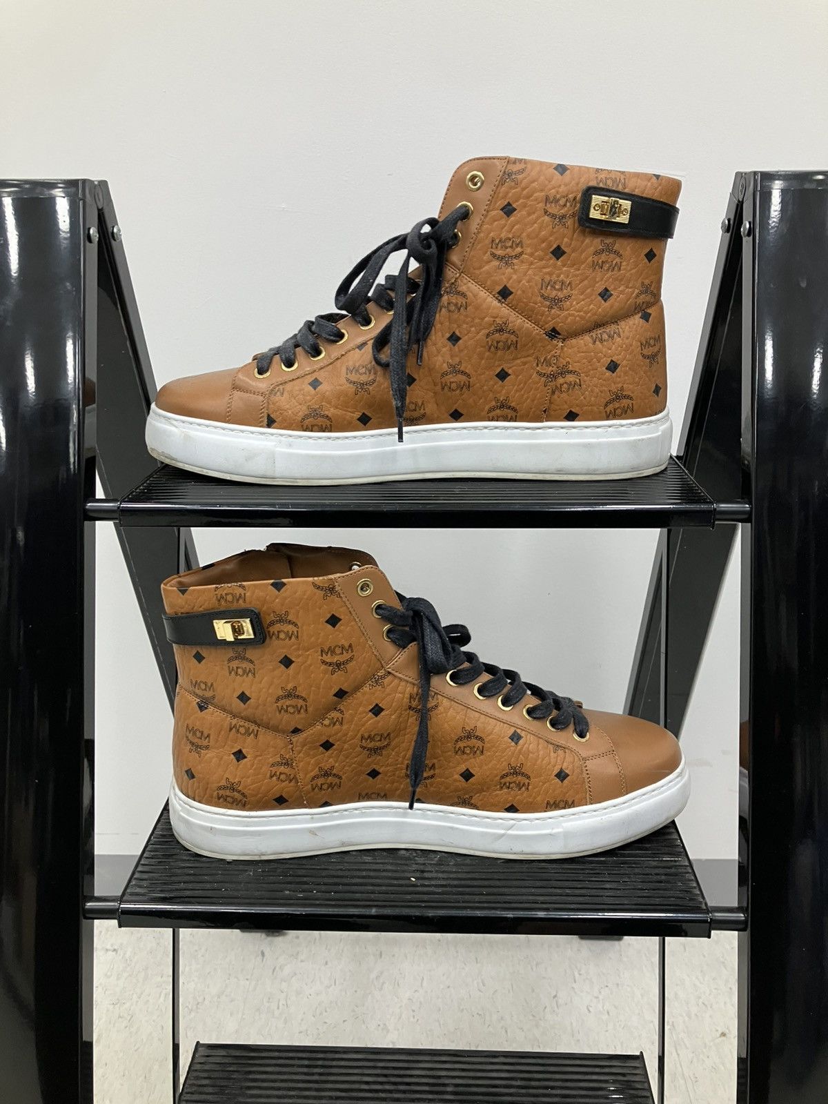 MCM MCM cognac visetos high-top terrain leather sneakers Size US 12 / EU 45 - 3 Thumbnail