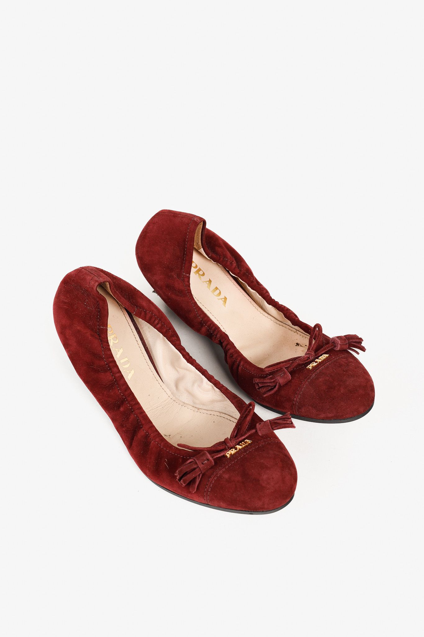 Prada Prada Burgundy Suede Tassel-Bow Scrunch Ballet Flat Size US 5.5 / IT 35.5 - 1 Thumbnail