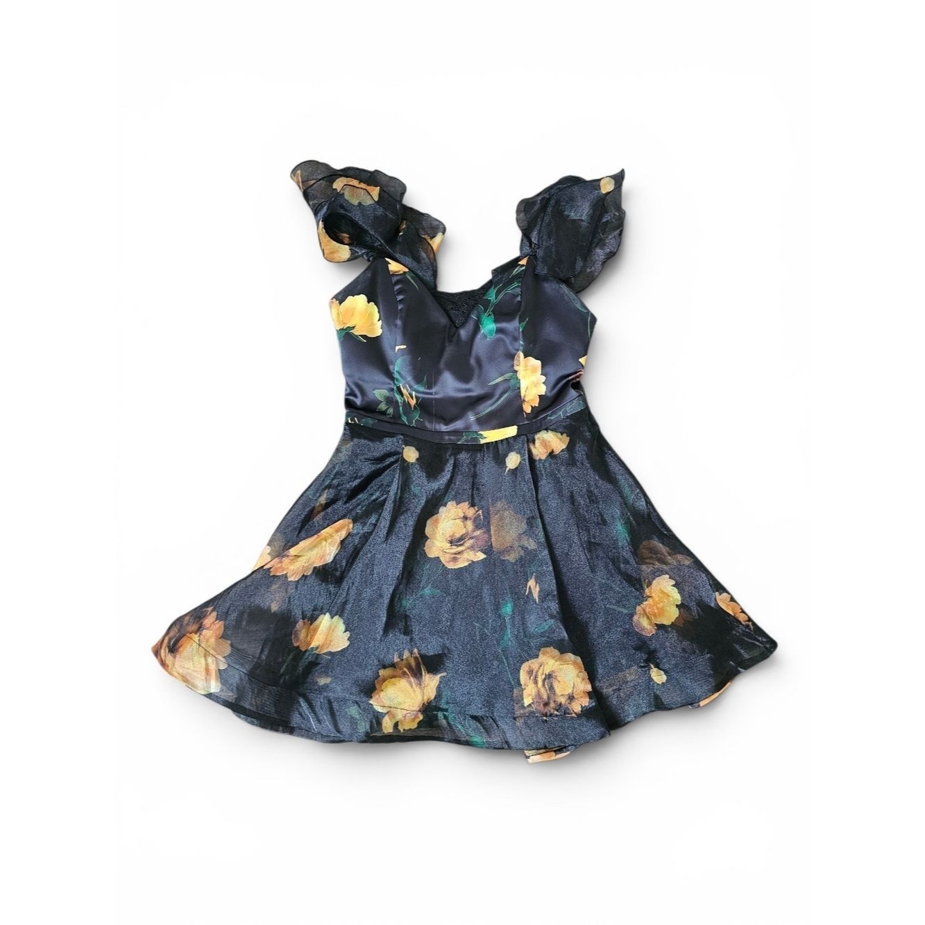 Other Weraberto Black Floral Organza Party Dress Ruffle Sleeve Fi Size XL / US 12-14 / IT 48-50 - 1 Thumbnail