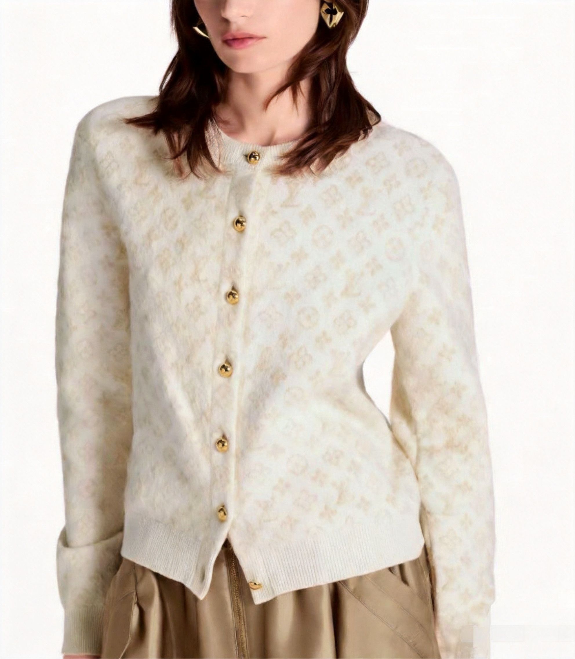 Lv 2026 Beige Monogram Gold Buckle Wool Cardigan/, Women's (Size Xs)
